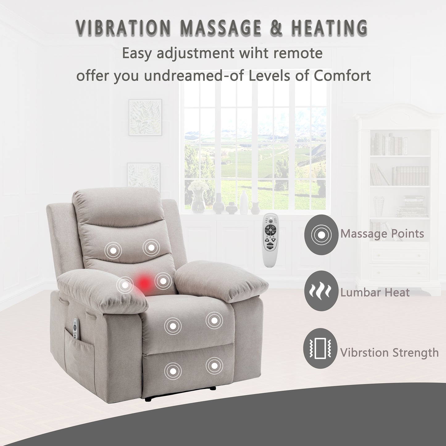 SYNGAR Electric Recliner Chair with Massage and Heating Function, Power Recliner Chair with Remote Control, Side Pockets, Armrest, Recliner Sofa Lounge Chair for Living Room Bedroom, Beige