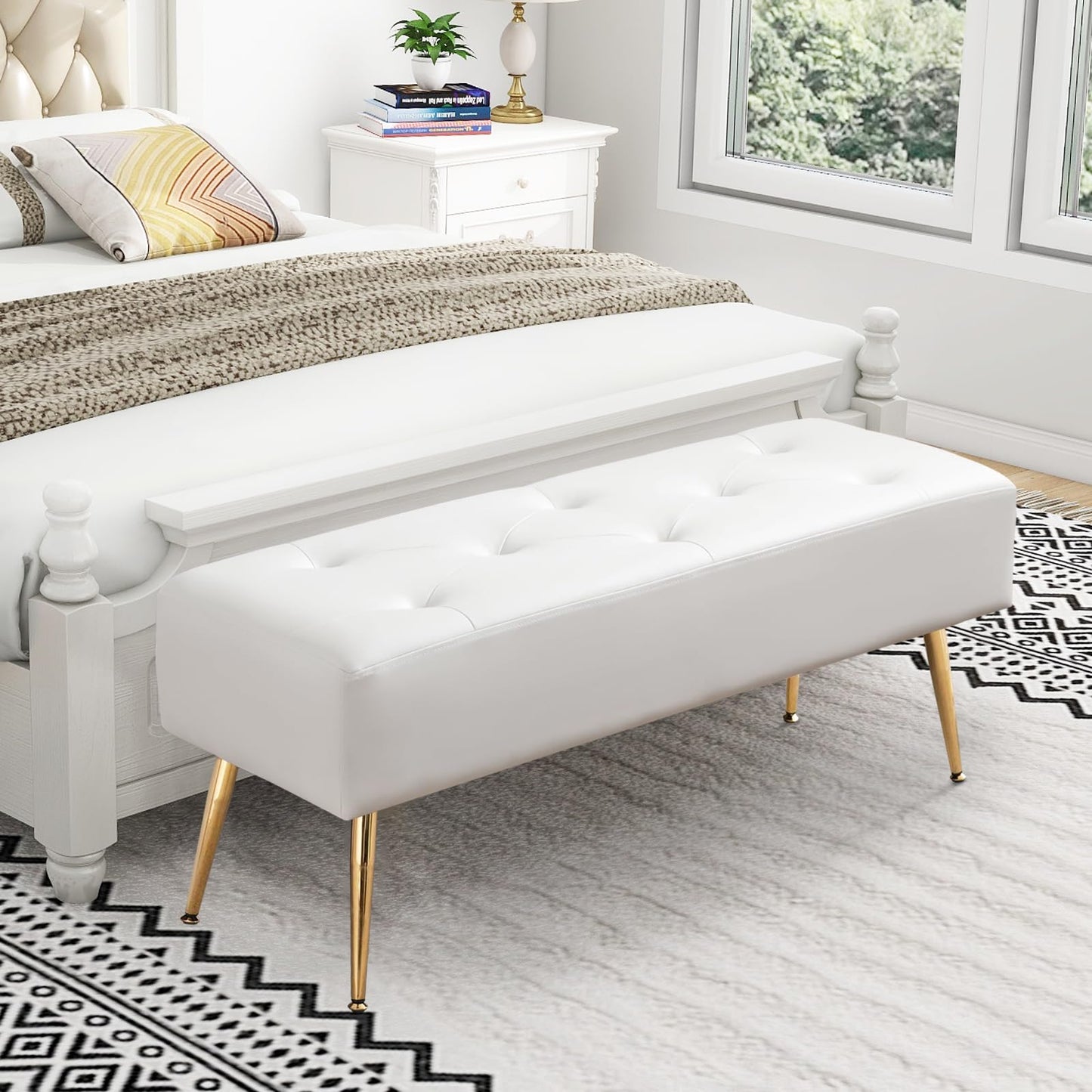 SYNGAR Upholstered Bench, Modern Leather Entryway Bench Seat Footstool, Rectangular End of Bed Bench with Wood Legs, Ottoman Bench Seat for Bedroom Living Room Hallway, White