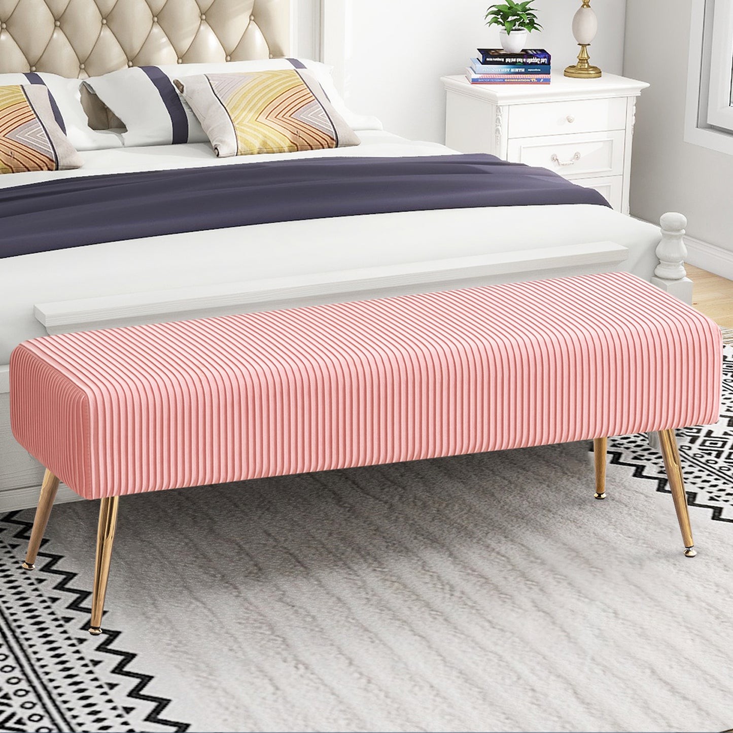 SYNGAR Upholstered Bench, Mid Century Modern Rectangular Footrest for Bedroom Entryway Channel, Velvet Fabric Bench for Bedroom End of Bed, Entryway Ottoman Bench with Gold Metal Legs, Black
