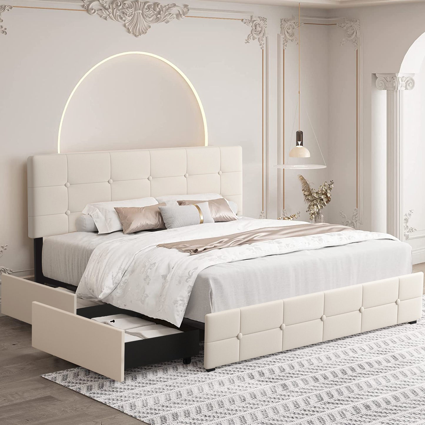 SYNGAR Storage Upholstered Queen Platform Bed Frame with 4 Drawers, Queen Size Storage Bed with Button Tufted Headboard, Metal Mattress Foundation with Strong Slats, No Box Spring Needed, Beige