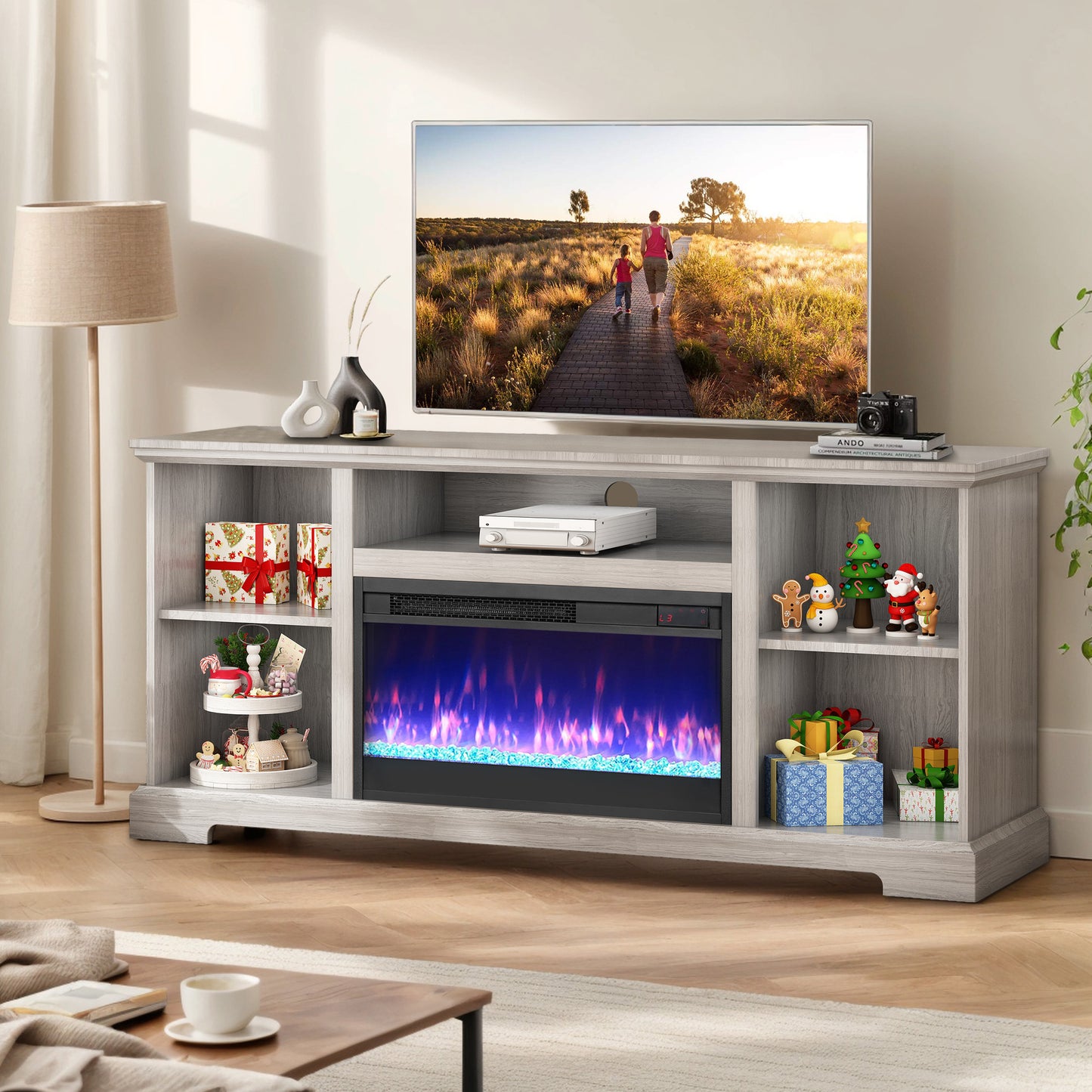 SYNGAR Electric Fireplace TV Stand for 65" TV, Wood Entertainment Center With Fireplace for Living Room, Modern TV Console with Storage Shelves and Glass Doors, Media Console, TV Cabinet, Espresso