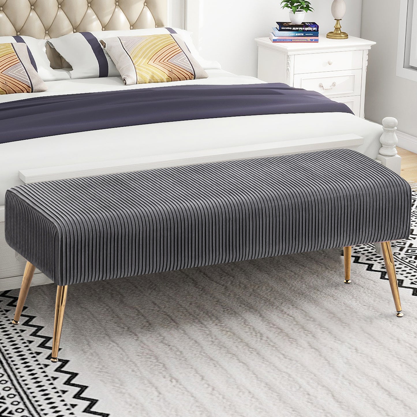 SYNGAR Upholstered Bench, Mid Century Modern Rectangular Footrest for Bedroom Entryway Channel, Velvet Fabric Bench for Bedroom End of Bed, Entryway Ottoman Bench with Gold Metal Legs, Black