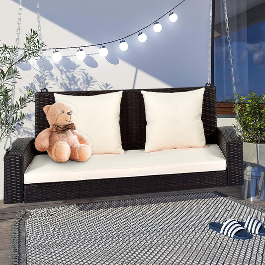 2-Person Wicker Outdoor Porch Swing, Hanging Patio Bench Loveseat Sofa with Weather Resistant Chains, Cushion, Pillow, Rattan Swing Bench for Garden, Backyard, Pond, Brown