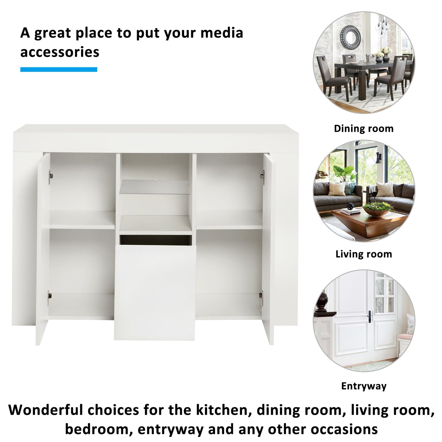 White Buffet Table, Modern Storage Cabinet, High Gloss Console Table with 16 Colors LED Lights/Drawer, Credenzas & Sideboards for Living Room/Dining Room/Kitchen/Entryway, Console Table