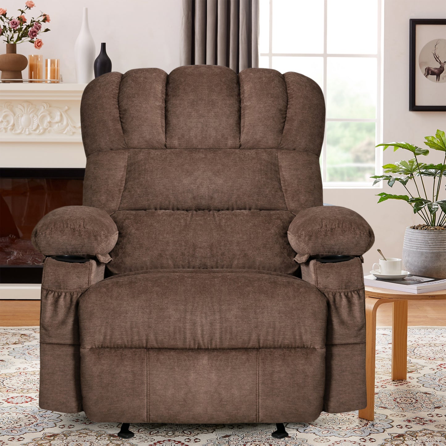 Recliner Chair for Living Room, Ergonomic Recliner Manual Recliner Chair with Cup Holders, USB, Heavy Duty Reclining Mechanism Elderly Single Recliner Rocker Sofa for Bedroom Home Theater, Brown