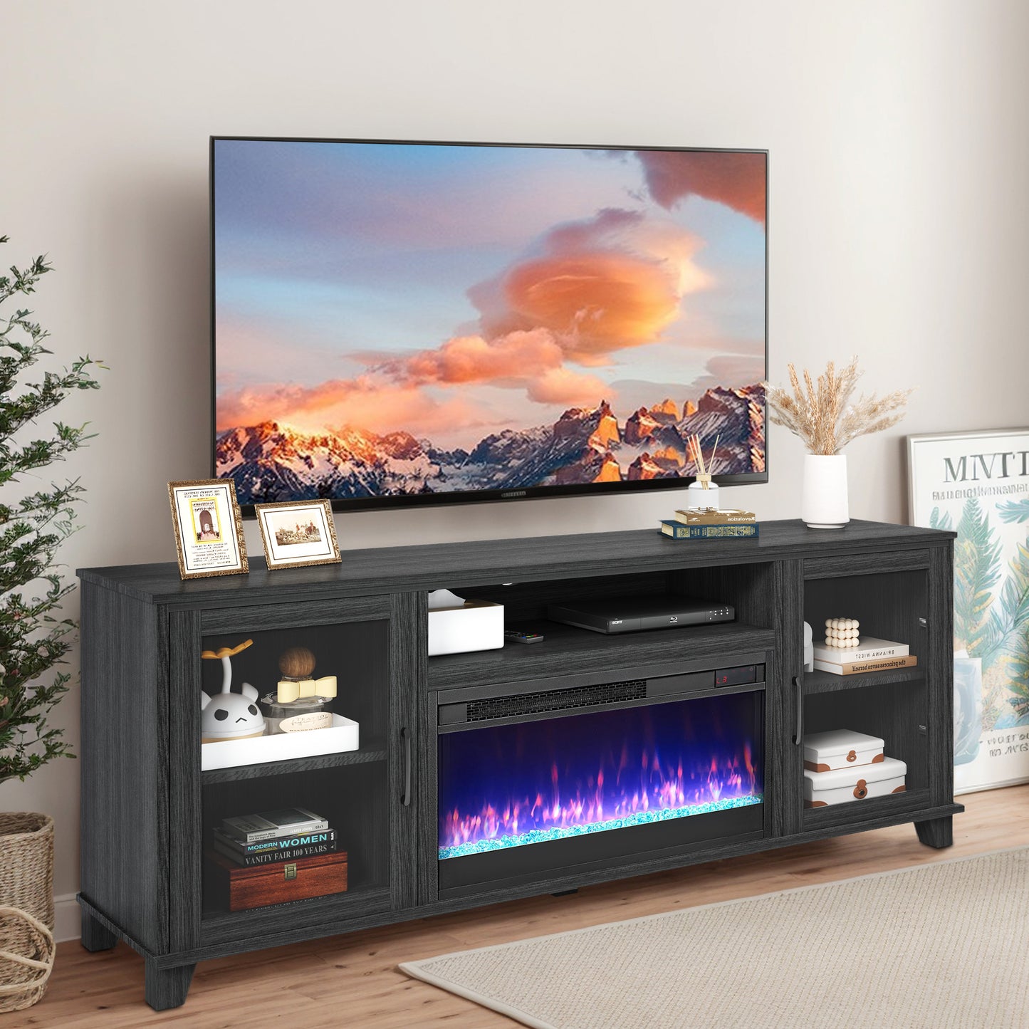 SYNGAR Electric Fireplace TV Stand for 65" TV, Wood Entertainment Center With Fireplace for Living Room, Modern TV Console with Storage Shelves and Glass Doors, Media Console, TV Cabinet, Espresso