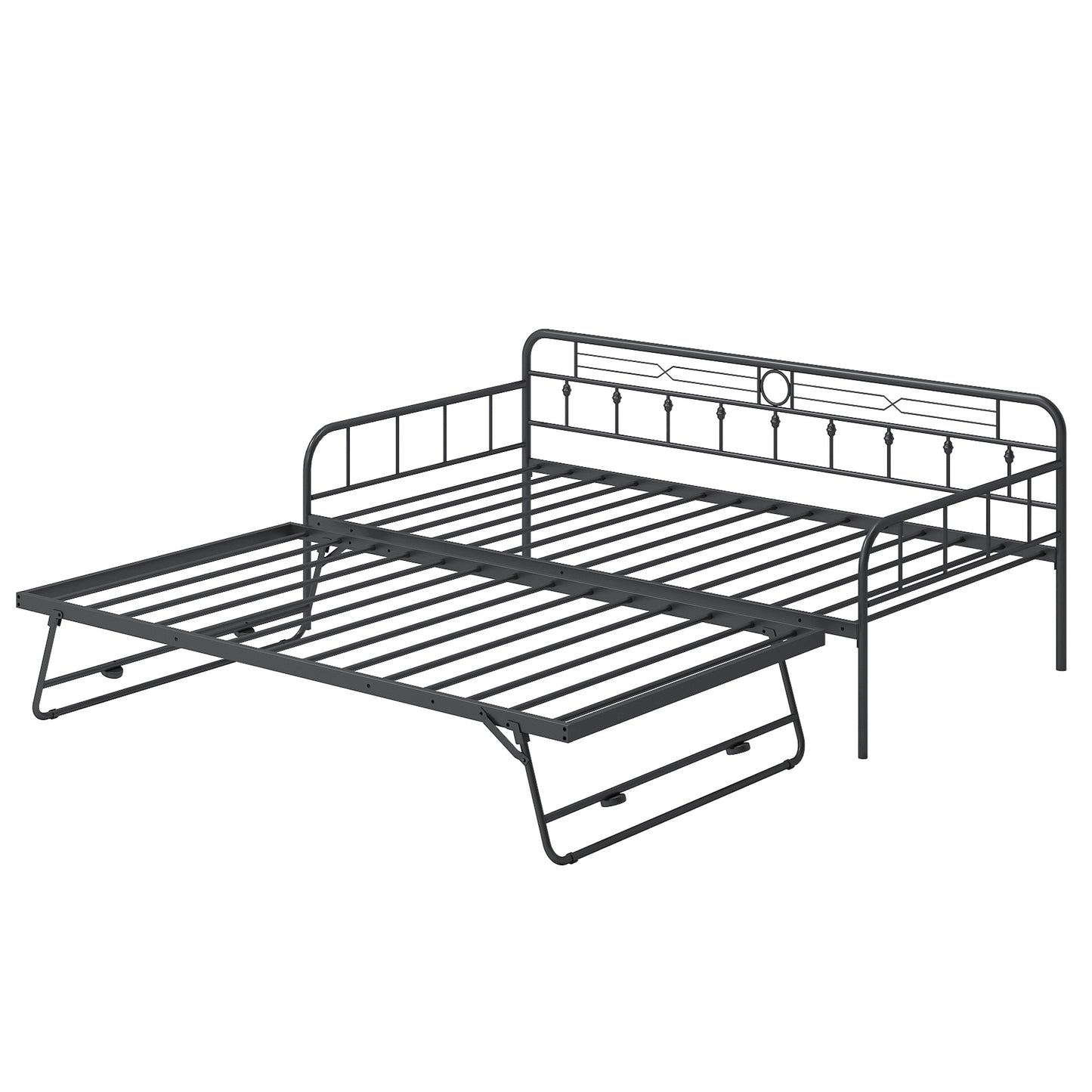 SYNGAR Twin Size Daybed with Pop Up Trundle for Kids Adults, Modern Metal Sofa Bed Platform Bed with Adjustable Trundle Can be Risen as High as Bed, Strong Steel Slat Support, Black