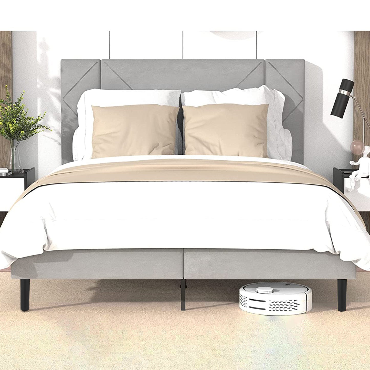 SYNGAR Full Bed Frame, New Upgrade Full Size Velvet Upholstered Platform Bed Frame with Elegant Headboard, Bedroom Furniture Wooden Frame Platform Bed Frame, No Box Spring Needed, Gray