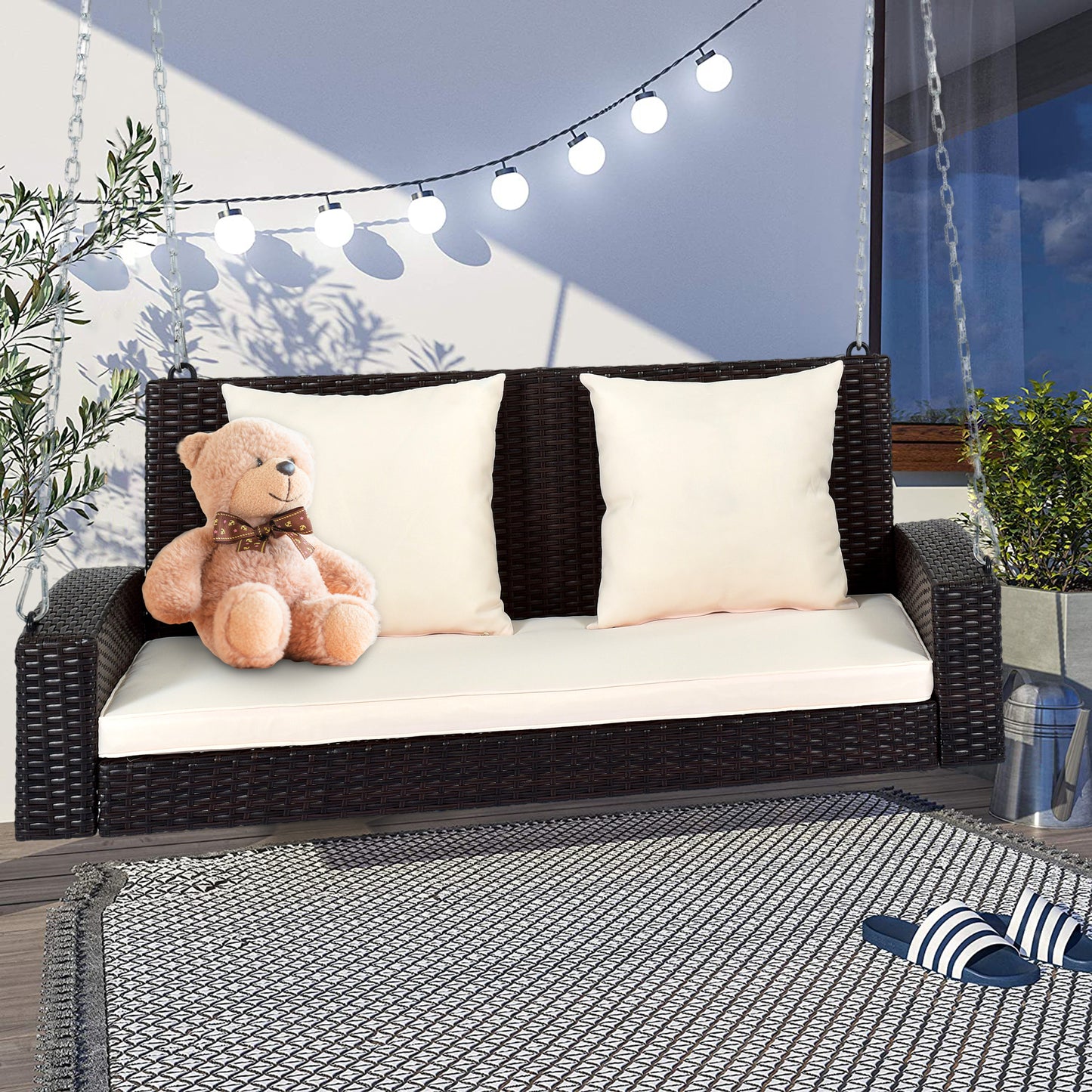 SYNGAR 2-Person Wicker Hanging Porch Swing Bench Outdoor Chair with Cushions, Chains, Pillow, Rattan Swing Bench Loveseat Sofa for Kids Boys Girls Teens Adults, for Garden, Backyard, Pond, Brown