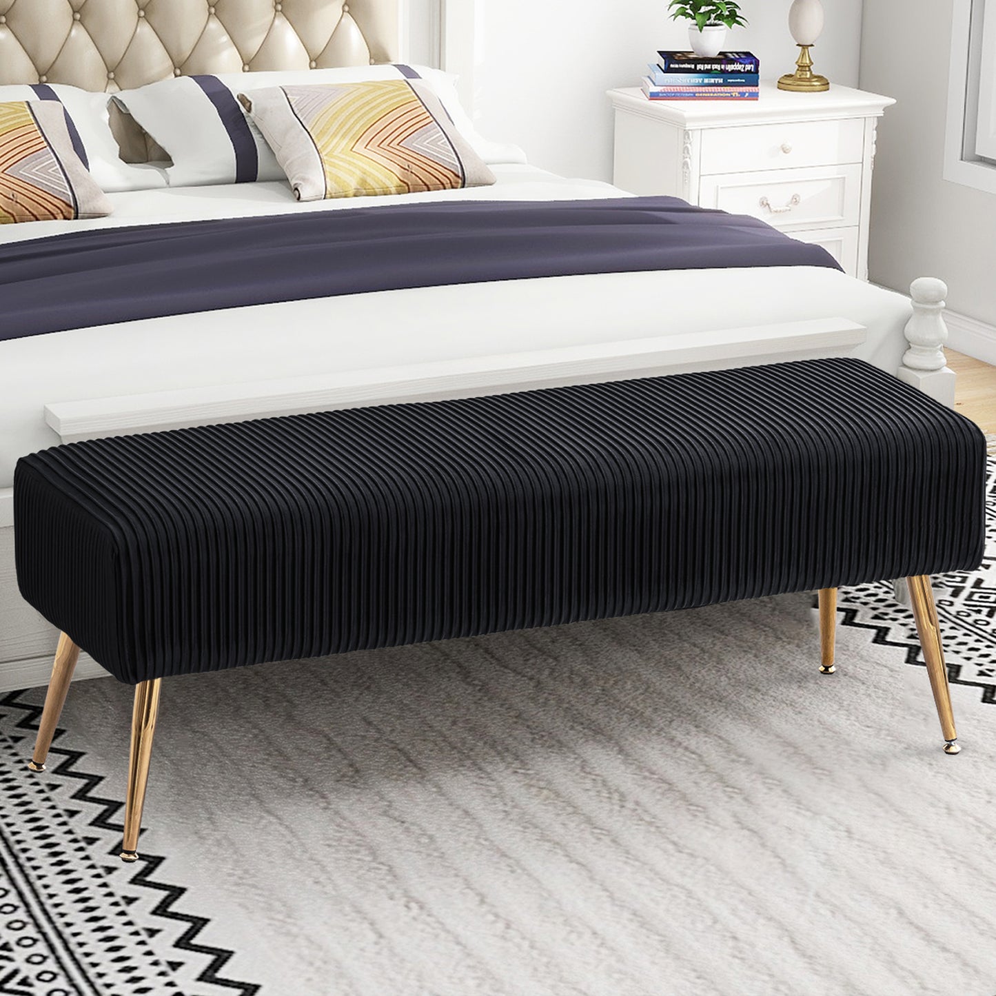 SYNGAR Upholstered Bench, Mid Century Modern Rectangular Footrest for Bedroom Entryway Channel, Velvet Fabric Bench for Bedroom End of Bed, Entryway Ottoman Bench with Gold Metal Legs, Black