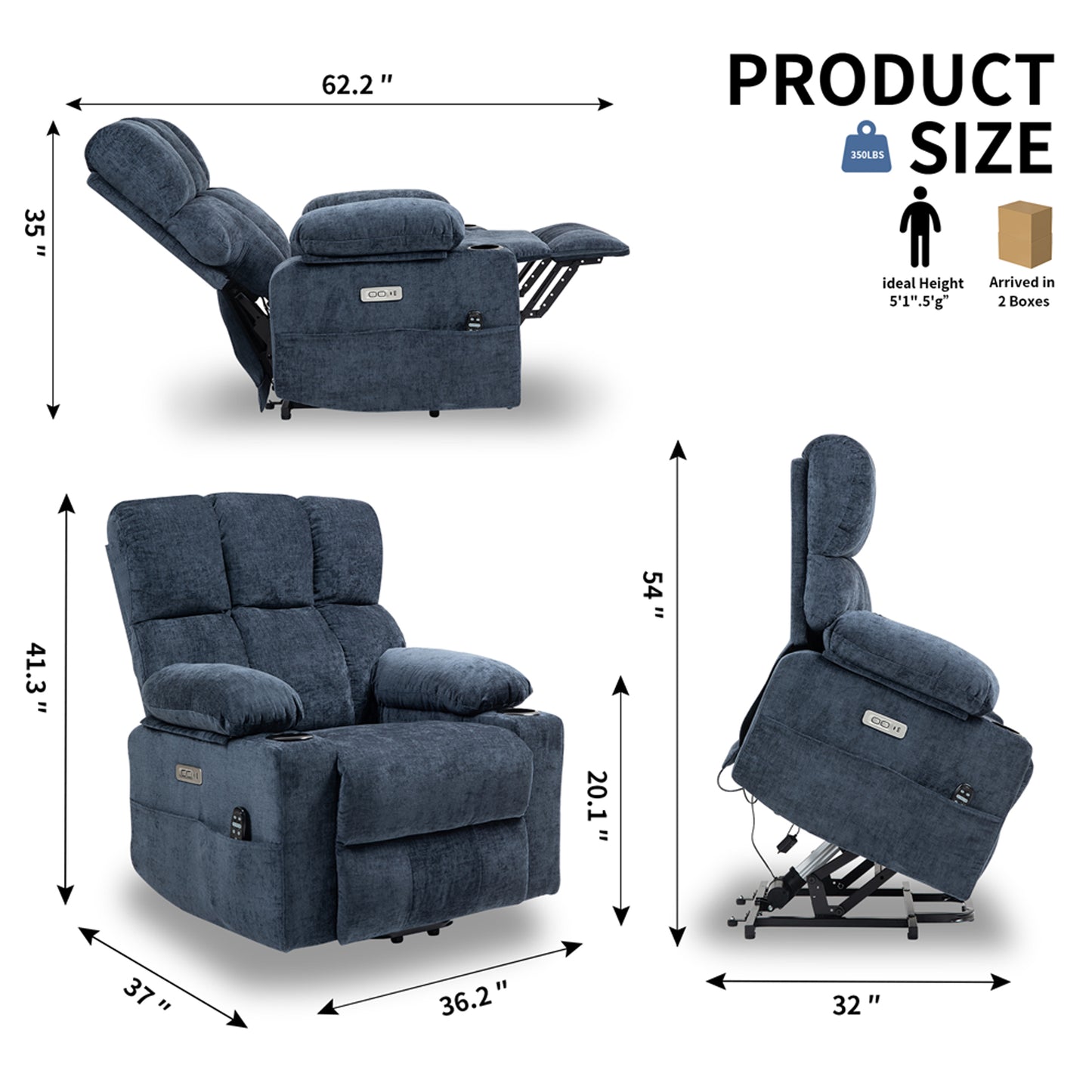 HSUNNS Power Lift Recliner Chairs for Adults, Living Room Reclining Chair with Massage and Heat Function, Upholstered Single Sofa with USB Port and Cup Holders, Blue