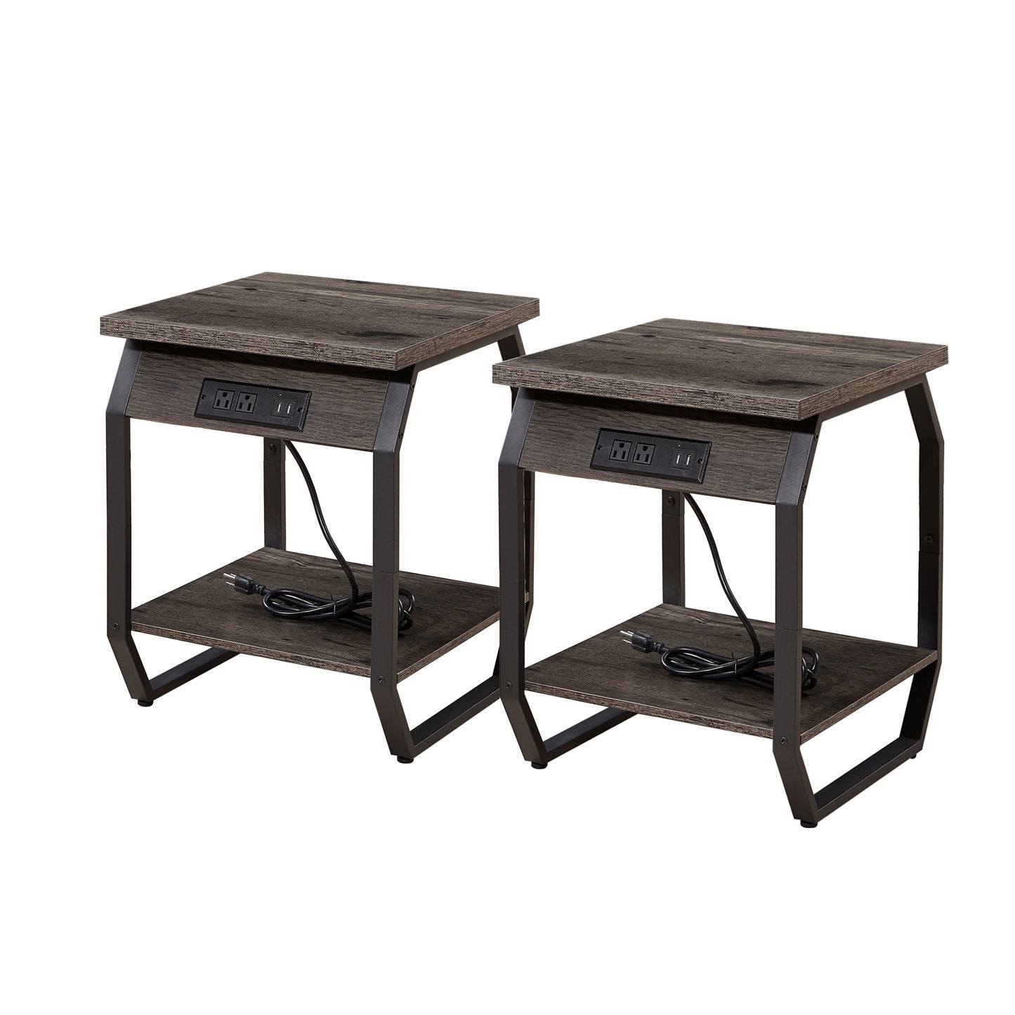 SYNGAR Side Table for Living Room, Nightstand Set of 2, Modern Side Cabinet W/ 2 Drawers, Open Shelf, Power Outlets & USB Ports, Wood End Table with Storage, Bedside Table for Bedroom, Espresso, D4684