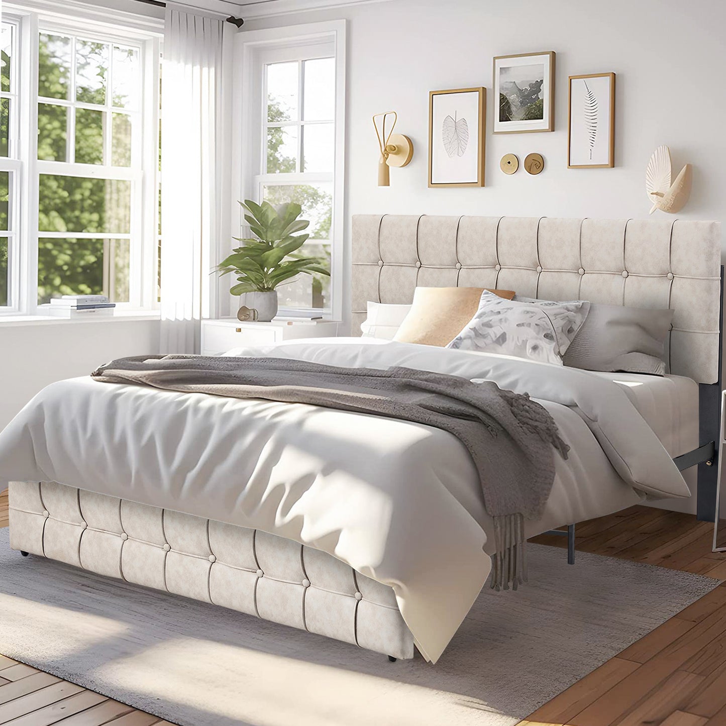 SYNGAR Full Bed Frame, New Upgrade Full Size Velvet Upholstered Platform Bed Frame with Elegant Headboard, Bedroom Furniture Wooden Frame Platform Bed Frame, No Box Spring Needed, Gray