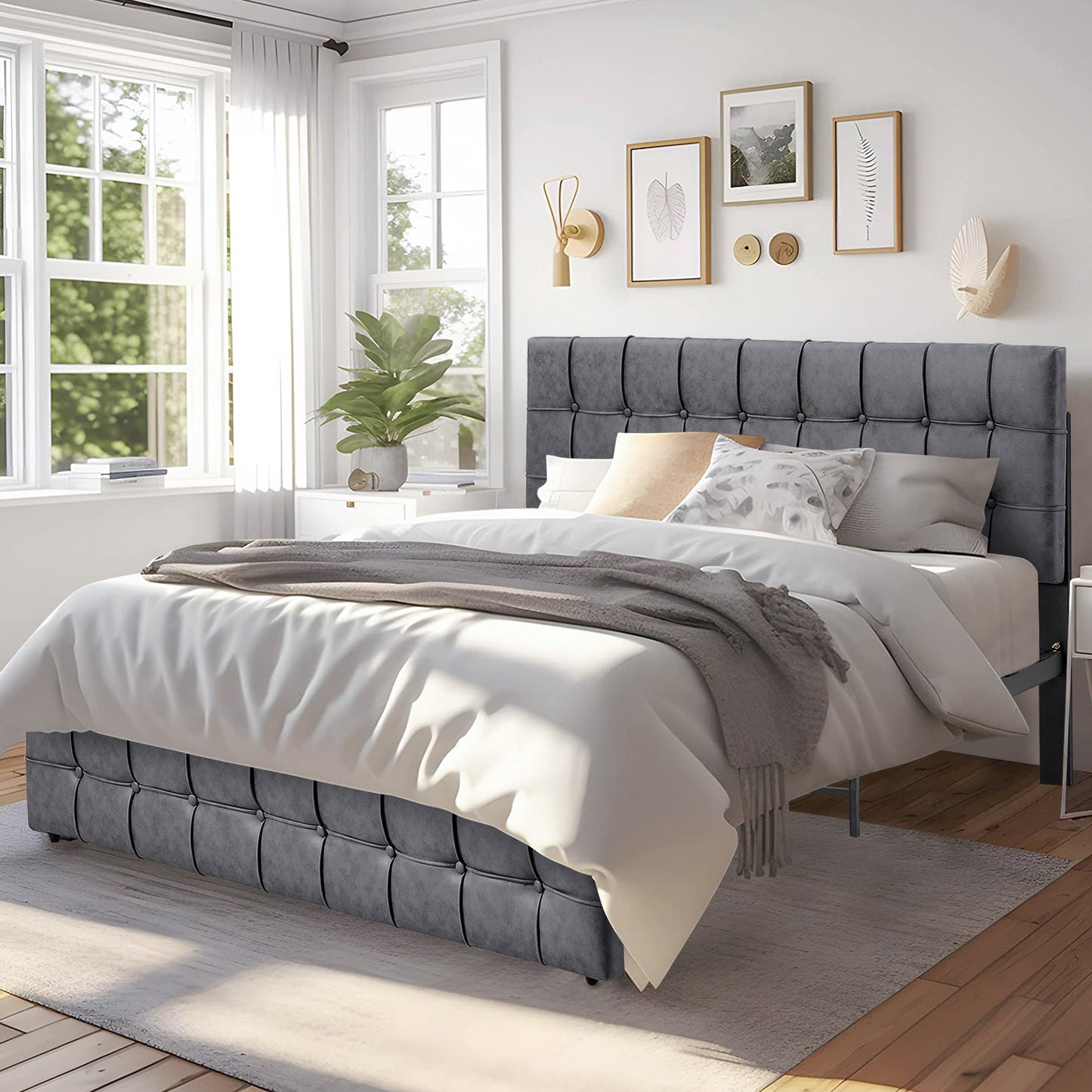 SYNGAR Full Bed Frame, New Upgrade Full Size Velvet Upholstered Platform Bed Frame with Elegant Headboard, Bedroom Furniture Wooden Frame Platform Bed Frame, No Box Spring Needed, Gray