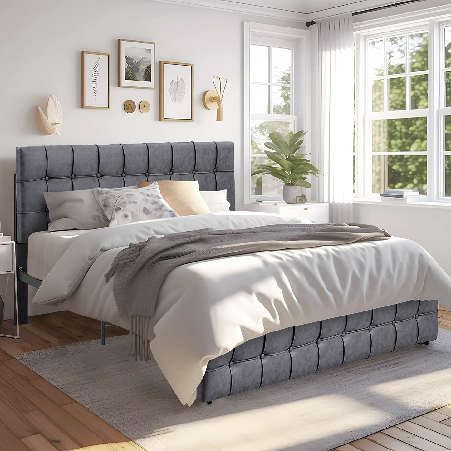 SYNGAR Queen Bed Frame, New Upgrade Queen Size Fabric Upholstered Platform Bed Frame with Button Tufted Headboard, Bedroom Furniture Metal Frame Platform Bed Frame, No Box Spring Needed, Dark Gray
