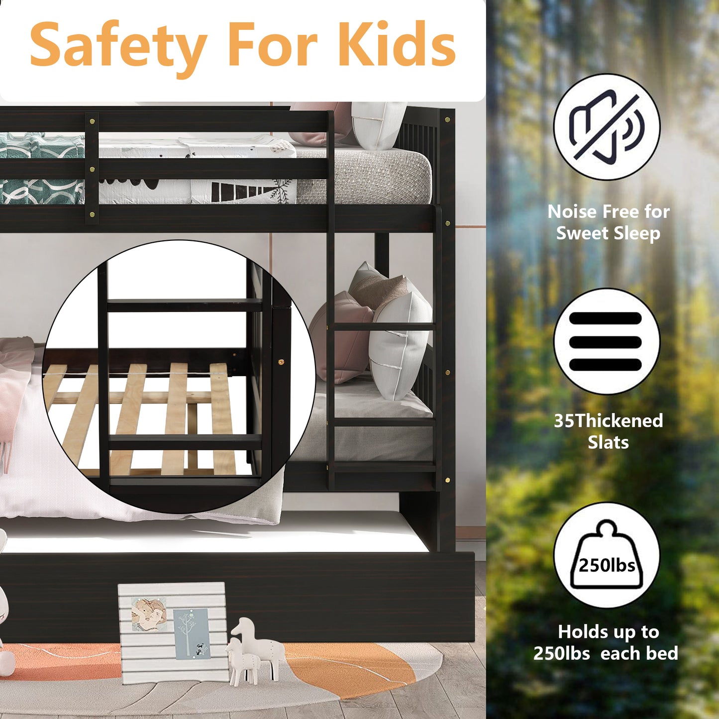 SYNGAR Full Over Full Bunk Bed with Trundle, Bunk Beds Convertible to 2 Platform Full Size Bed Frame with Guardrails and Ladder, Suitable for Kids, Teens, Adults, No Box Spring Needed, Espresso