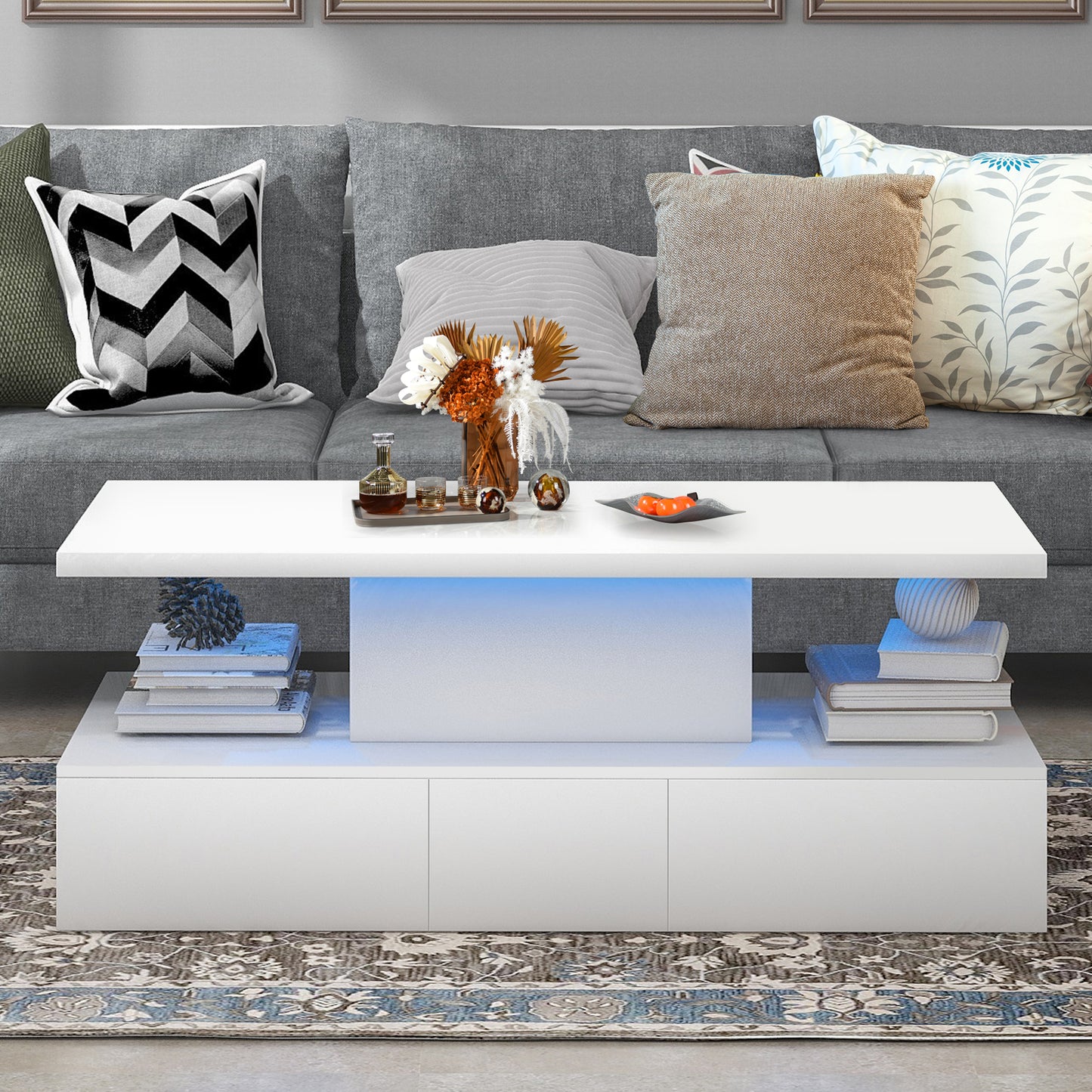 SYNGAR LED Coffee Table with 4 Storage Sliding Drawers and Open Shelves, Modern High Glossy Center Table Rectangular with Multiple Colors LED Lights for Living Room Bedroom, Easy Assembly, White