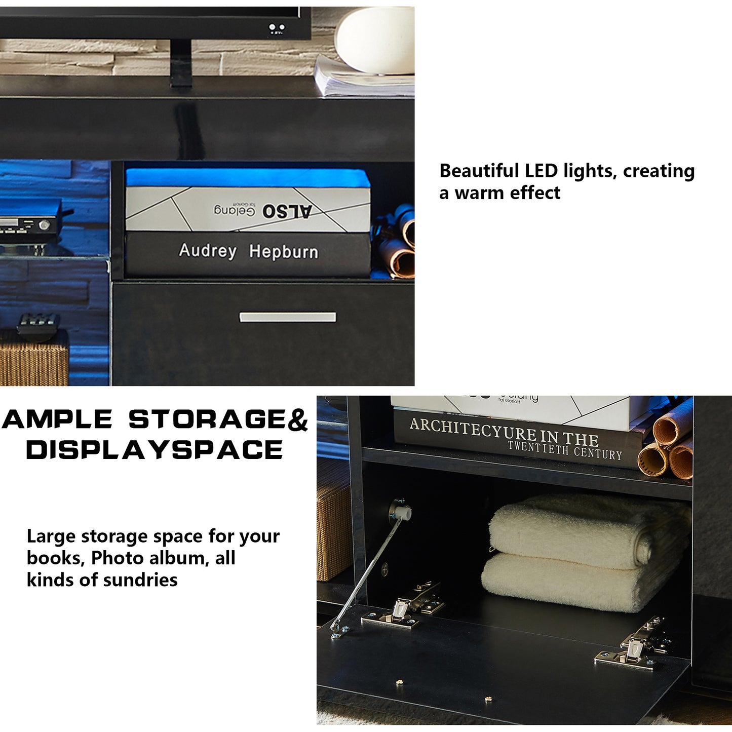 SYNGAR Black TV Stand for 55 inch TV, Modern High Glossy TV Console Table Stand with 16 Colors LED Lights, Living Room TV Table Stand Buffet Cabinet with Storage, 51"L×14" W×16"H