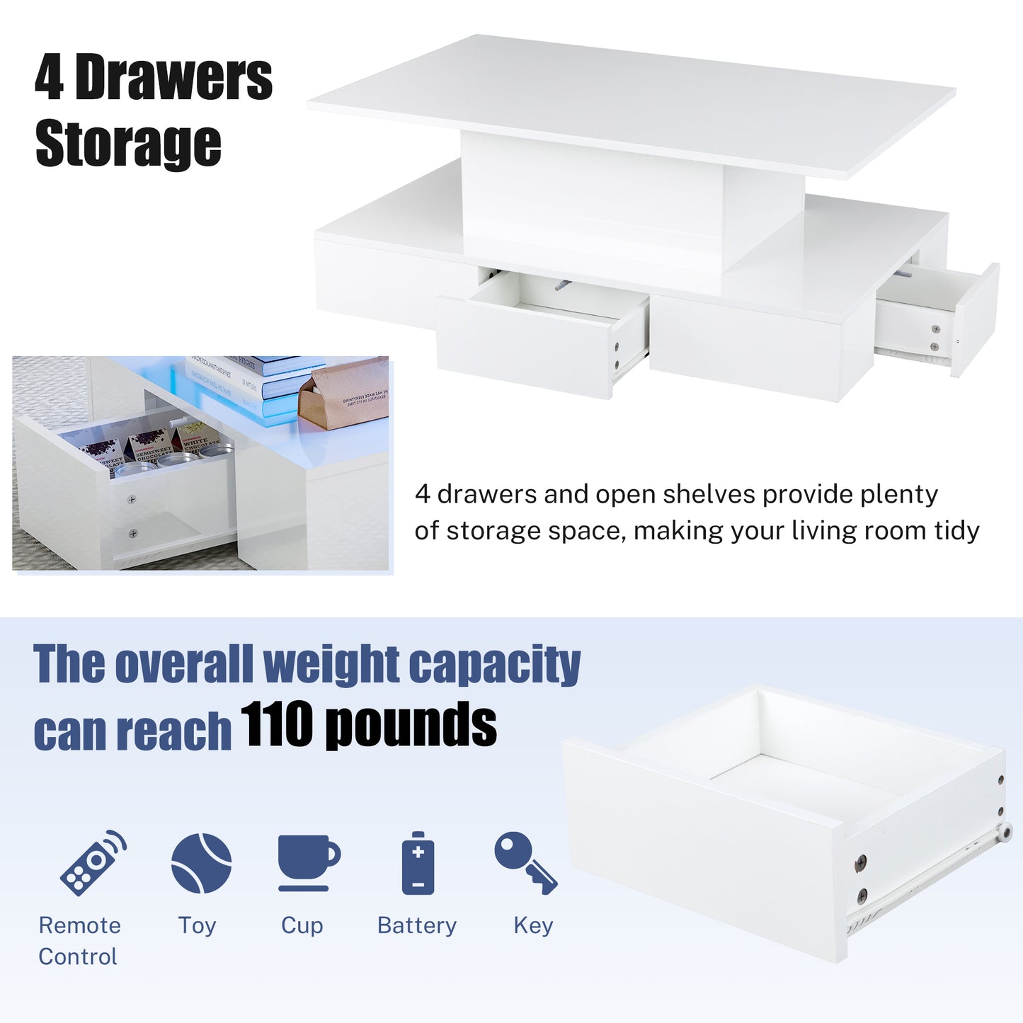 SYNGAR LED Coffee Table with 4 Storage Sliding Drawers and Open Shelves, Modern High Glossy Center Table Rectangular with Multiple Colors LED Lights for Living Room Bedroom, Easy Assembly, White