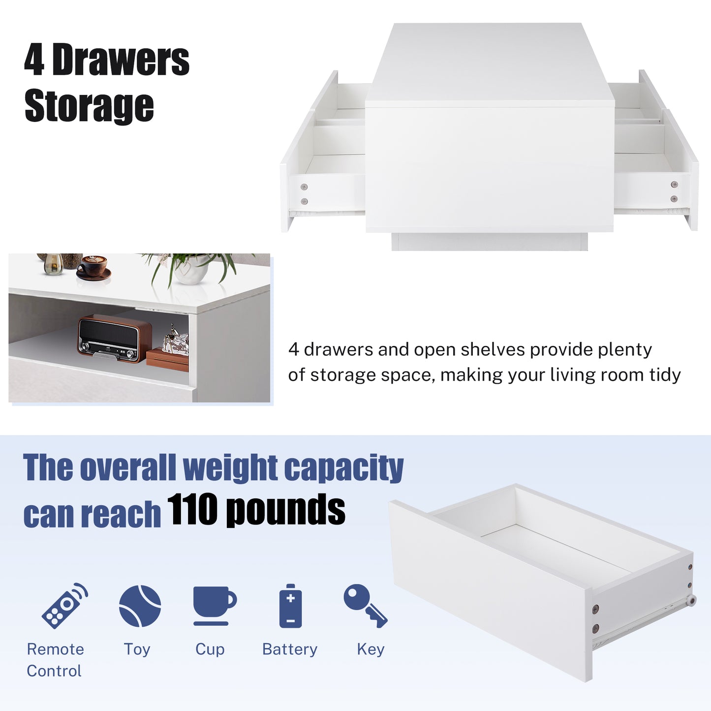 SYNGAR LED Coffee Table with 4 Storage Sliding Drawers and Open Shelves, Modern High Glossy Center Table Rectangular with Multiple Colors LED Lights for Living Room Bedroom, Easy Assembly, White