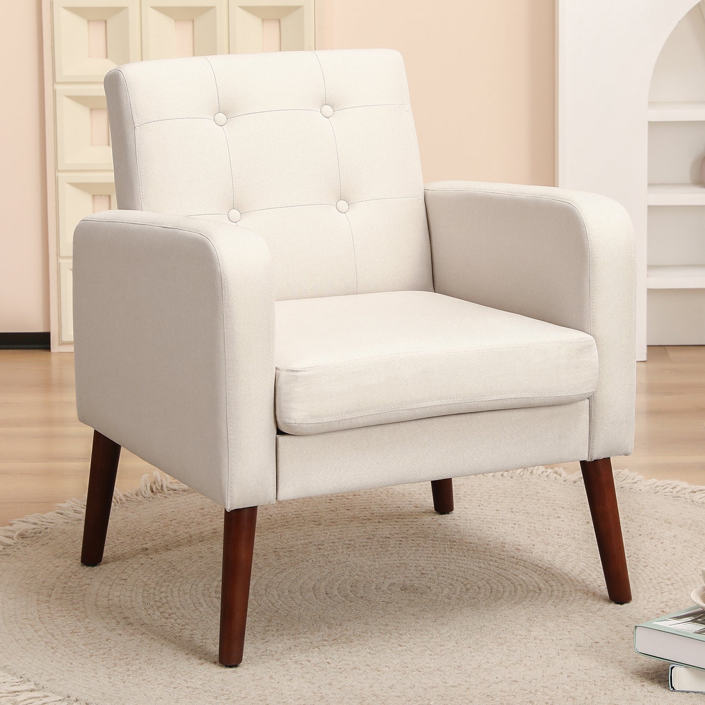 SYNGAR Accent Chair for Living Room, Bedroom Comfy Reading Armchair with Solid Wood Legs, Modern Tufted Arm Chair Soft Linen Upholstered Cozy Side Single Sofa Chair Relaxing Seating, Beige