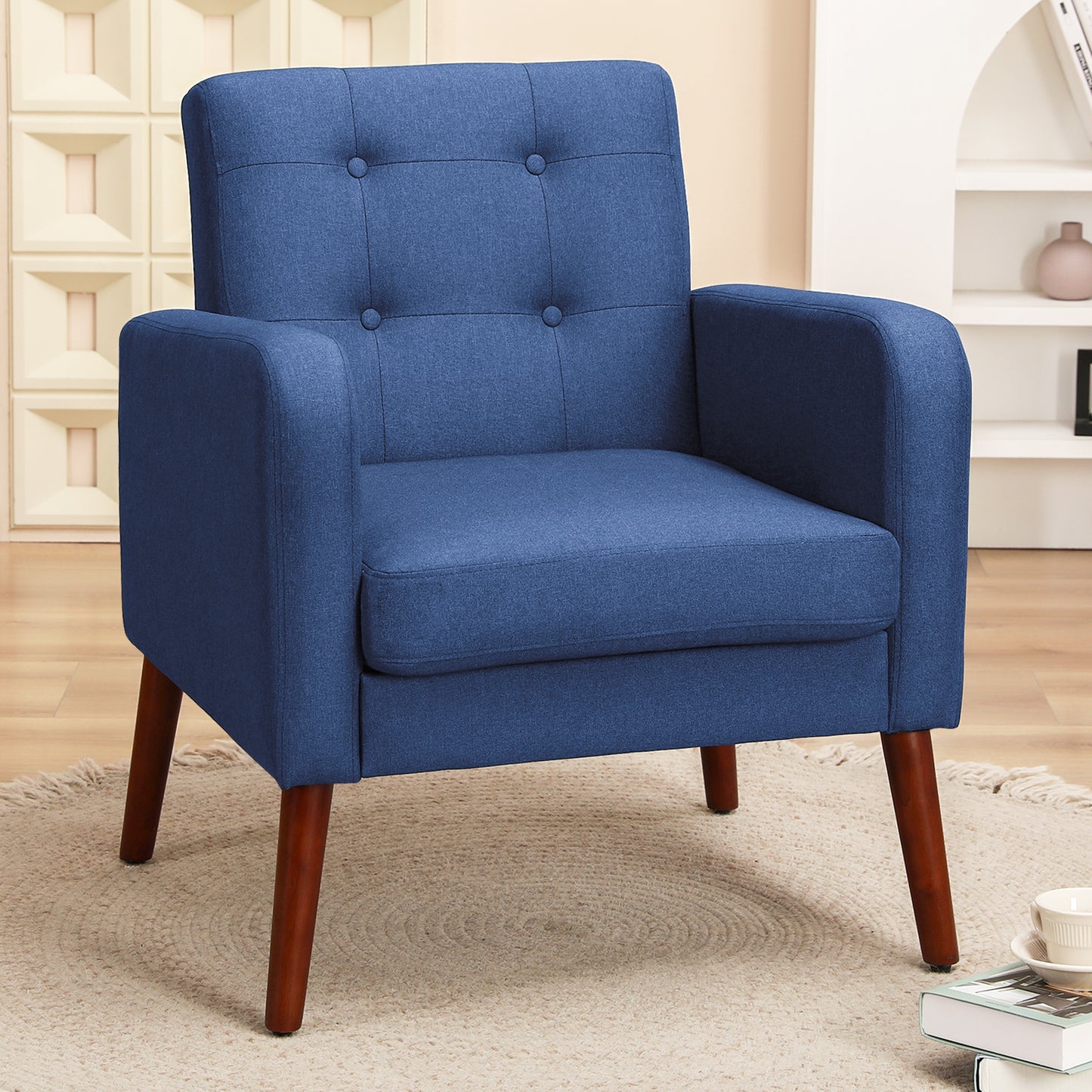 SYNGAR Accent Chair for Living Room, Bedroom Comfy Reading Armchair with Solid Wood Legs, Modern Tufted Arm Chair Soft Linen Upholstered Cozy Side Single Sofa Chair Relaxing Seating, Beige