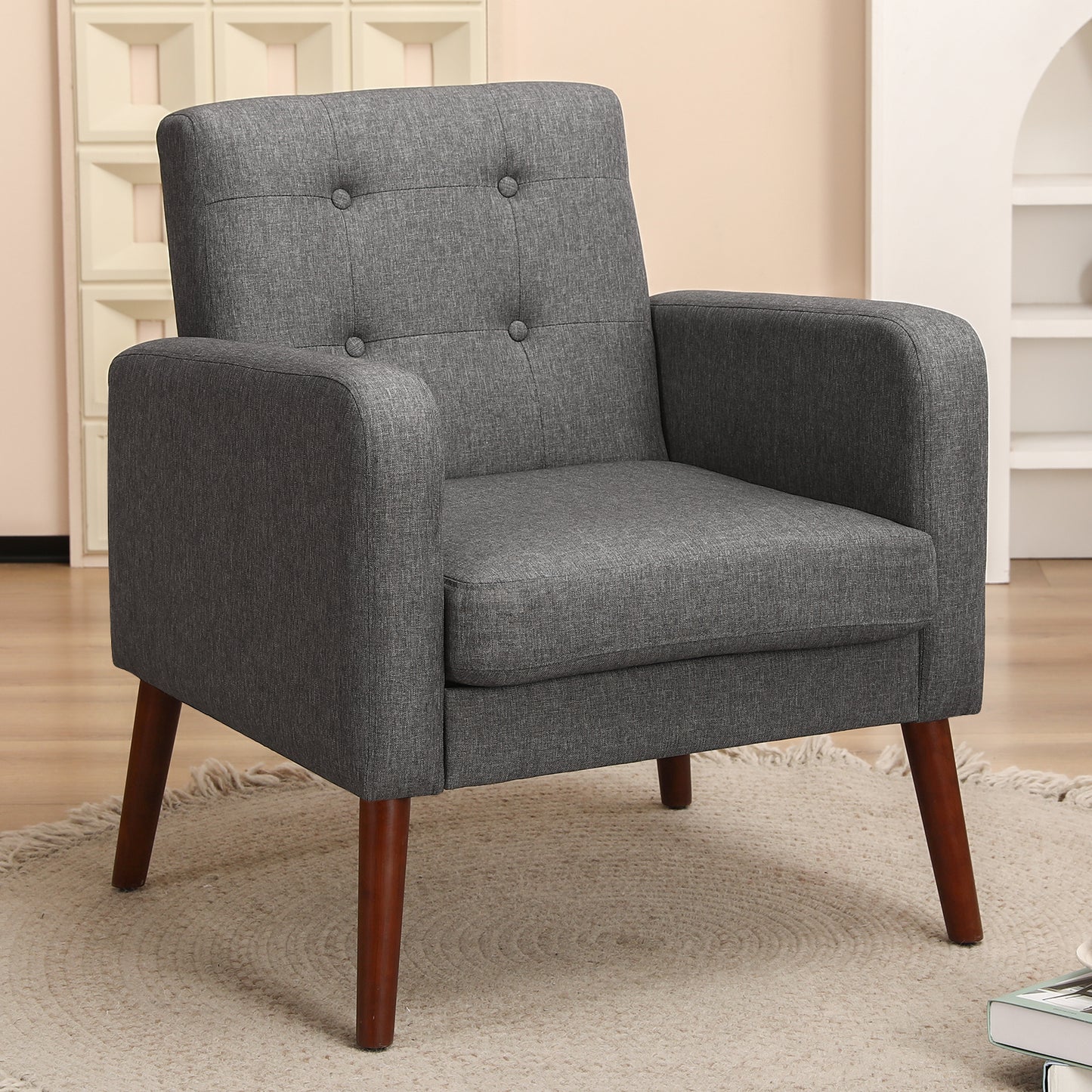 SYNGAR Accent Chair for Living Room, Bedroom Comfy Reading Armchair with Solid Wood Legs, Modern Tufted Arm Chair Soft Linen Upholstered Cozy Side Single Sofa Chair Relaxing Seating, Beige