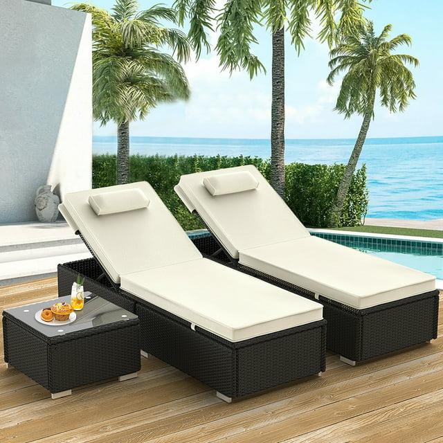 Set of 3 Rattan Chaise Lounge Chairs with Side Table, Outdoor Reclining Chairs Set W/Adjustable Backrest and Removable Cushions, Chaise Lounge Furniture Set for Poolside Beach Garden Patio, B22