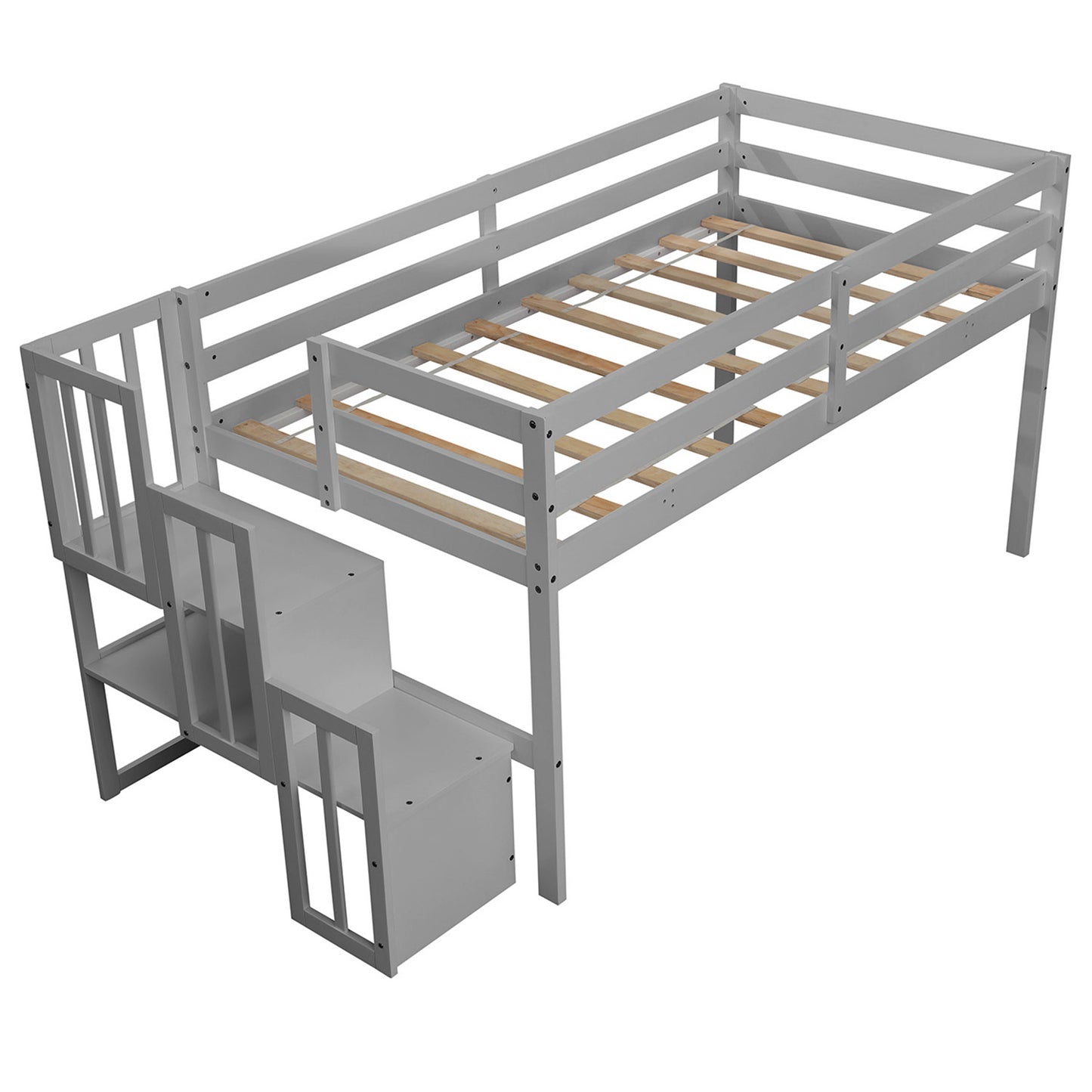 SYNGAR Twin Size Kids Loft Bed with Stairs, Wood Toddler Bunk Bed for Boys Girls Teens Adults, Twin Bed Frame with Storage, Low Profile Loft Bed for Kids Bedroom, Gray