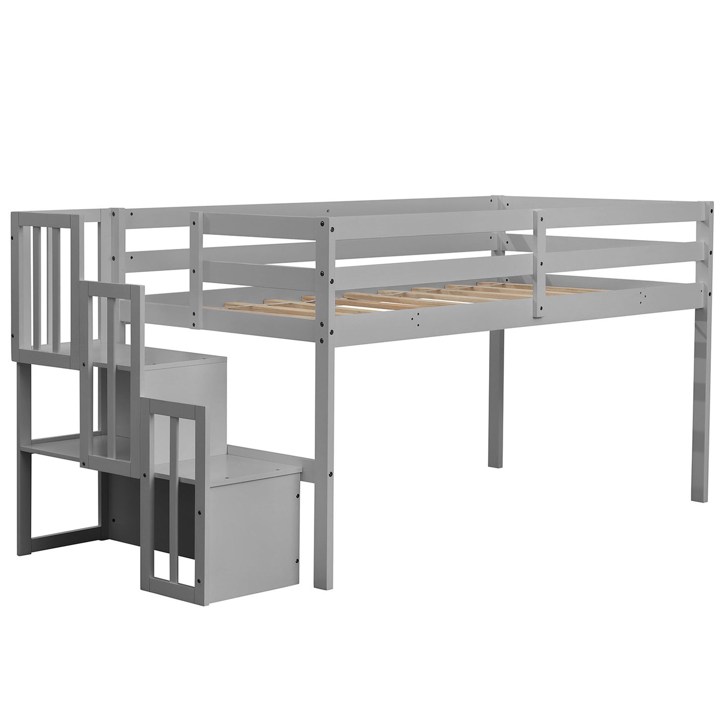 SYNGAR Twin Size Kids Loft Bed with Stairs, Wood Toddler Bunk Bed for Boys Girls Teens Adults, Twin Bed Frame with Storage, Low Profile Loft Bed for Kids Bedroom, Gray