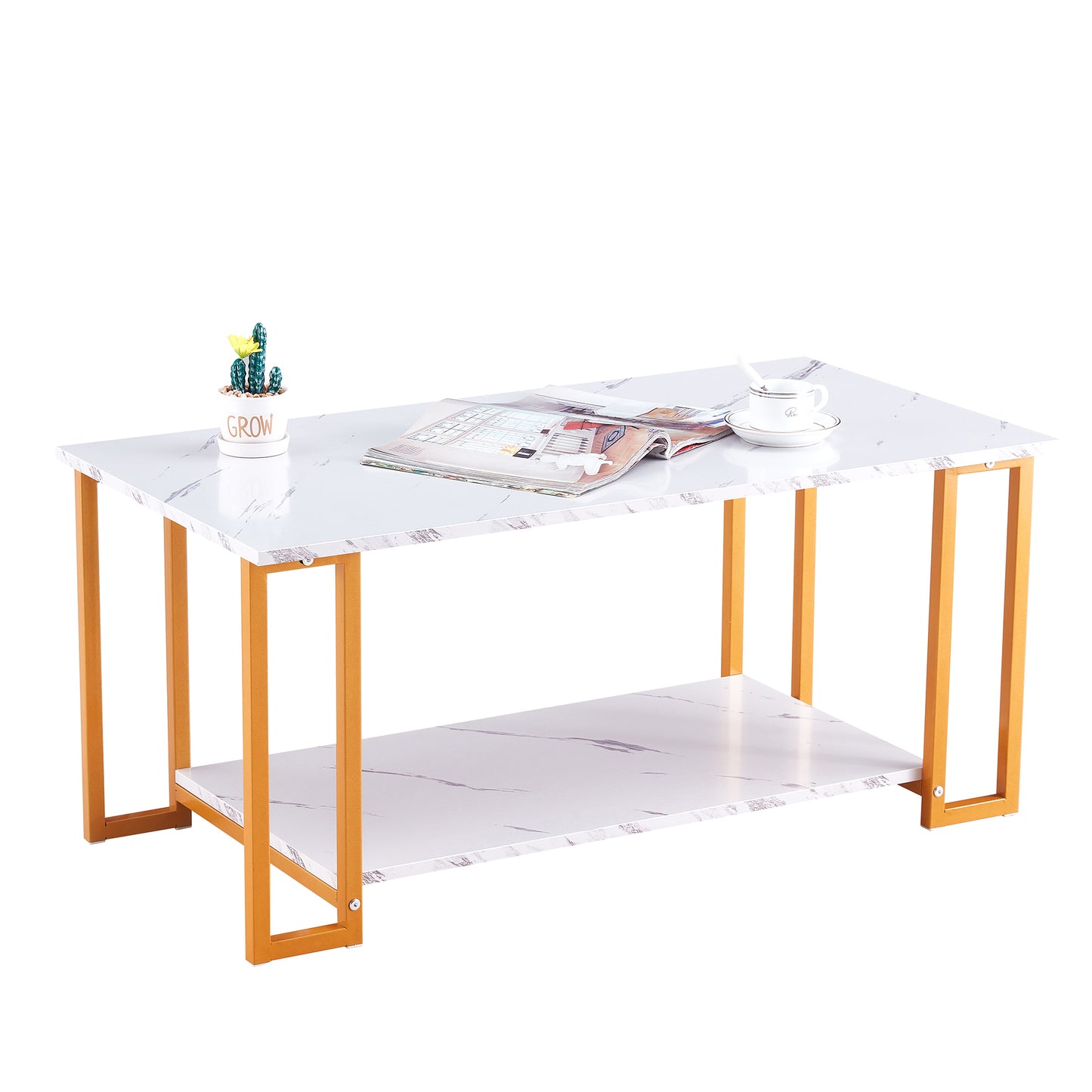 SYNGAR Living Room Coffee Tables, Modern 2 Layers Cocktail Table End Table Sofa Table with Open Storage Shelf, Sturdy Metal Leg, Wooden Marble Tabletop, Versatile Uses, Easy Maintenance, White