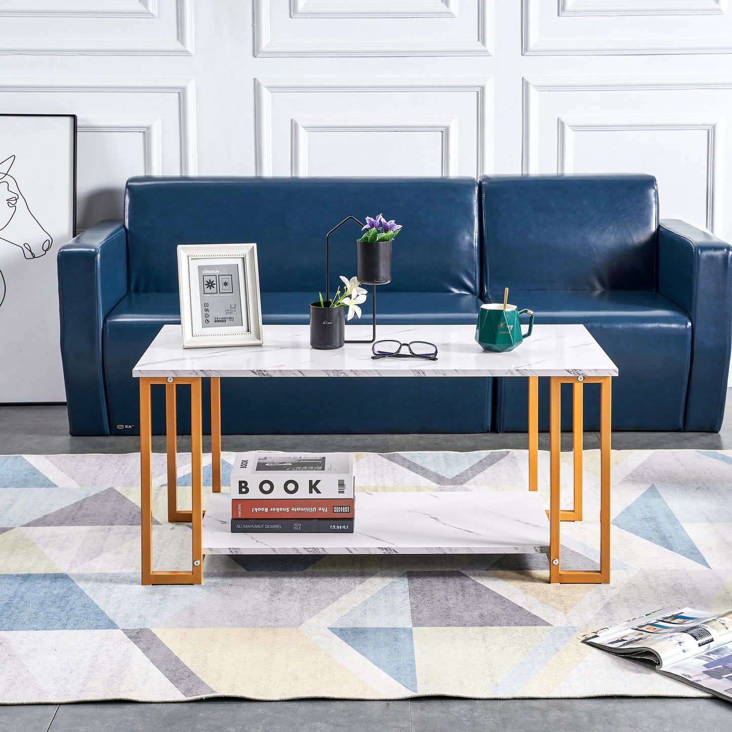 SYNGAR Living Room Coffee Tables, Modern 2 Layers Cocktail Table End Table Sofa Table with Open Storage Shelf, Sturdy Metal Leg, Wooden Marble Tabletop, Versatile Uses, Easy Maintenance, White