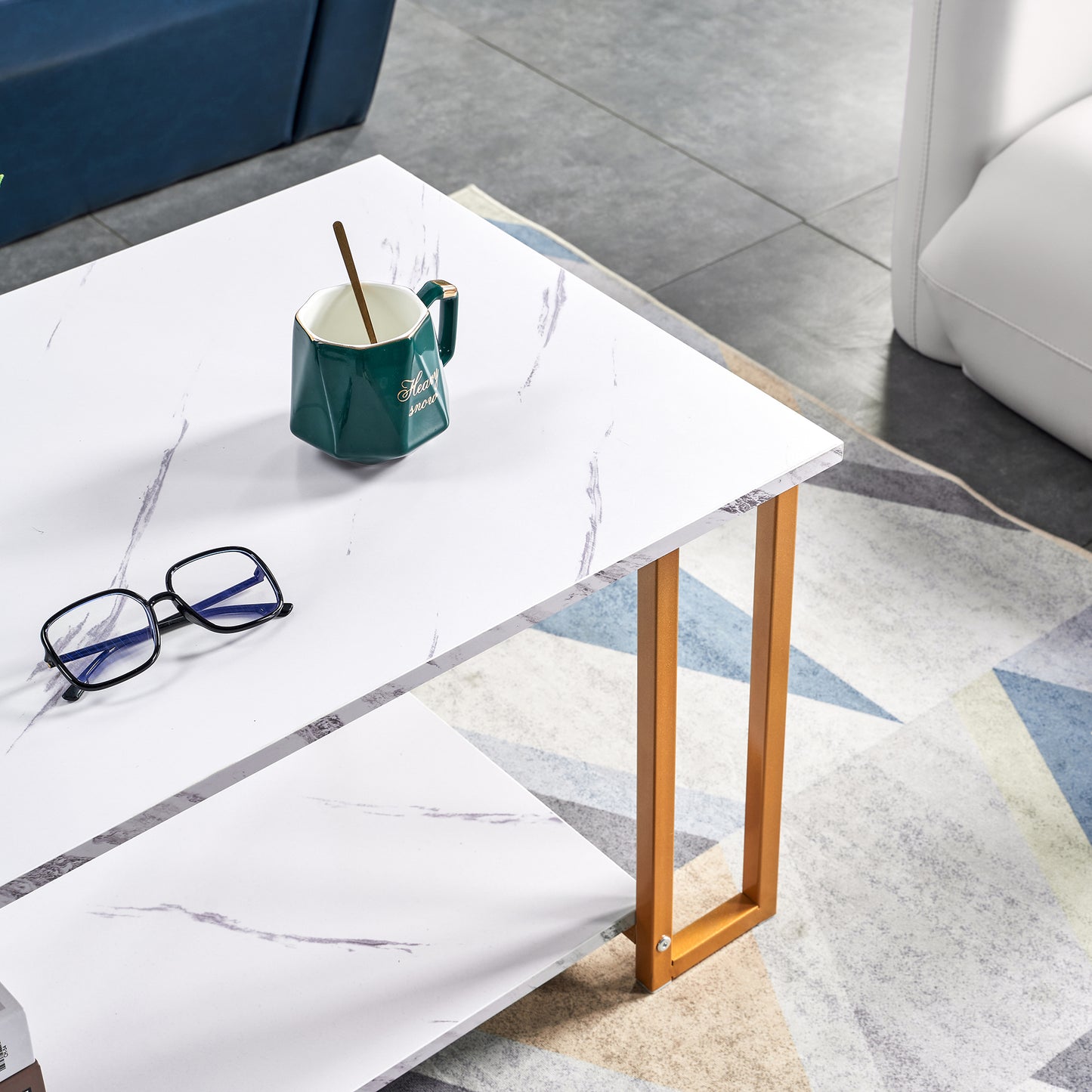 SYNGAR Living Room Coffee Tables, Modern 2 Layers Cocktail Table End Table Sofa Table with Open Storage Shelf, Sturdy Metal Leg, Wooden Marble Tabletop, Versatile Uses, Easy Maintenance, White