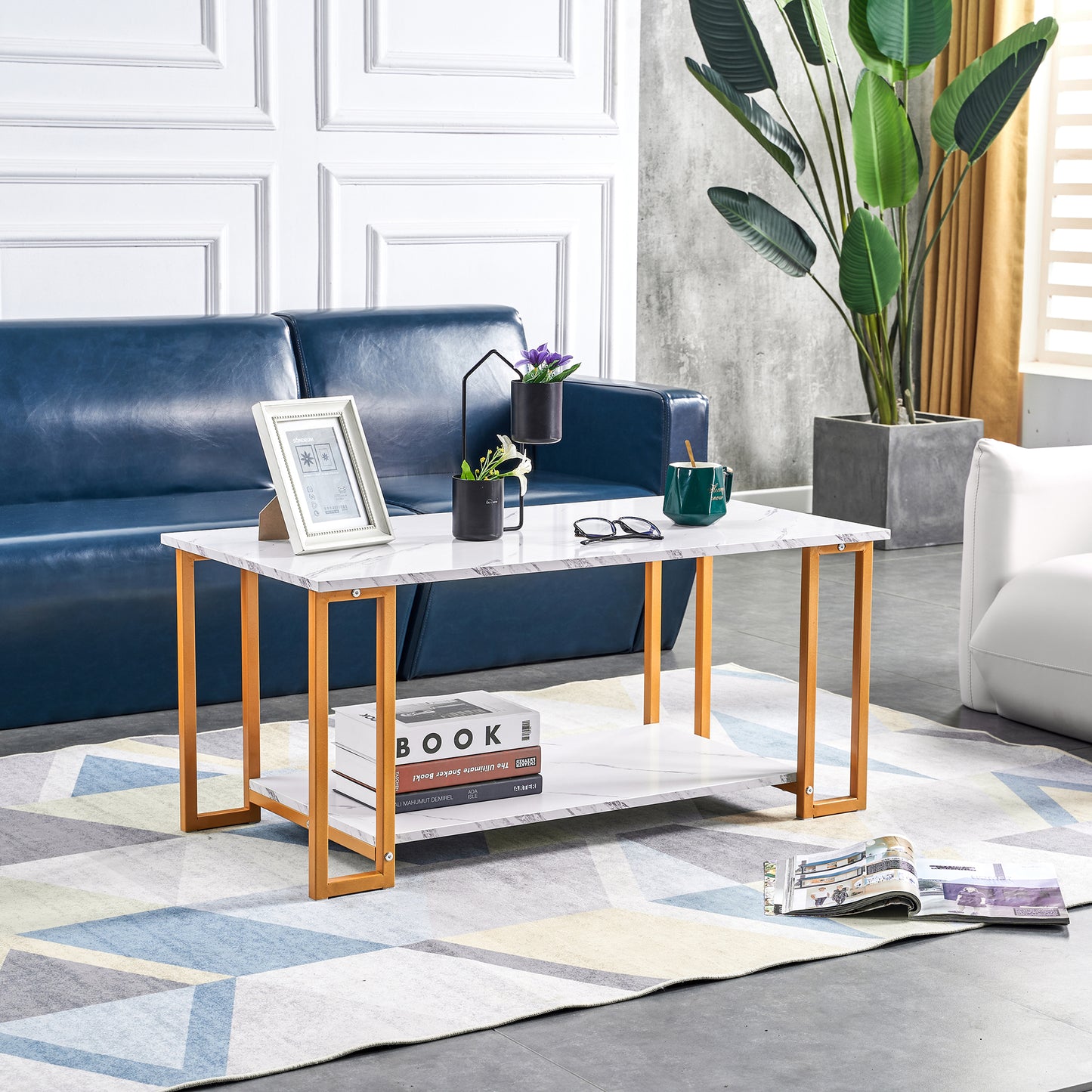 SYNGAR Living Room Coffee Tables, Modern 2 Layers Cocktail Table End Table Sofa Table with Open Storage Shelf, Sturdy Metal Leg, Wooden Marble Tabletop, Versatile Uses, Easy Maintenance, White