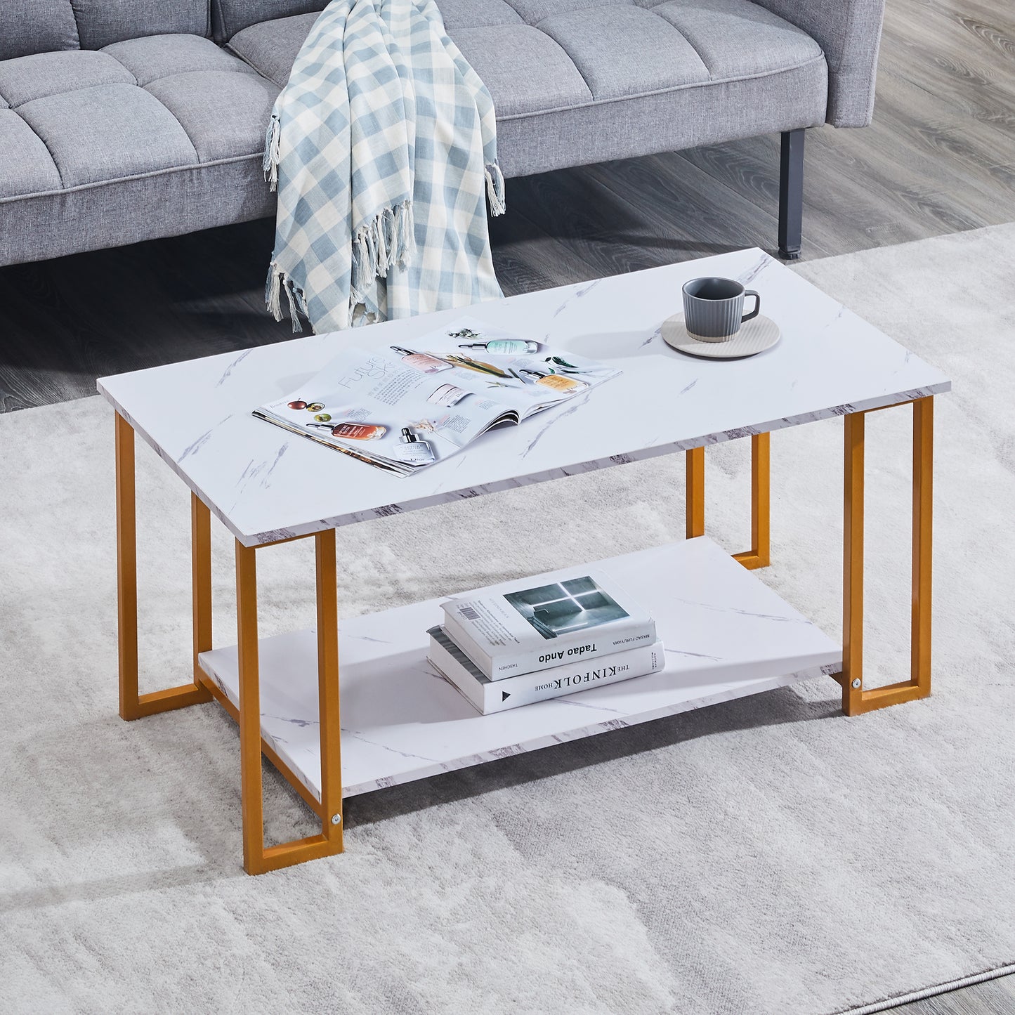 SYNGAR Living Room Coffee Tables, Modern 2 Layers Cocktail Table End Table Sofa Table with Open Storage Shelf, Sturdy Metal Leg, Wooden Marble Tabletop, Versatile Uses, Easy Maintenance, White