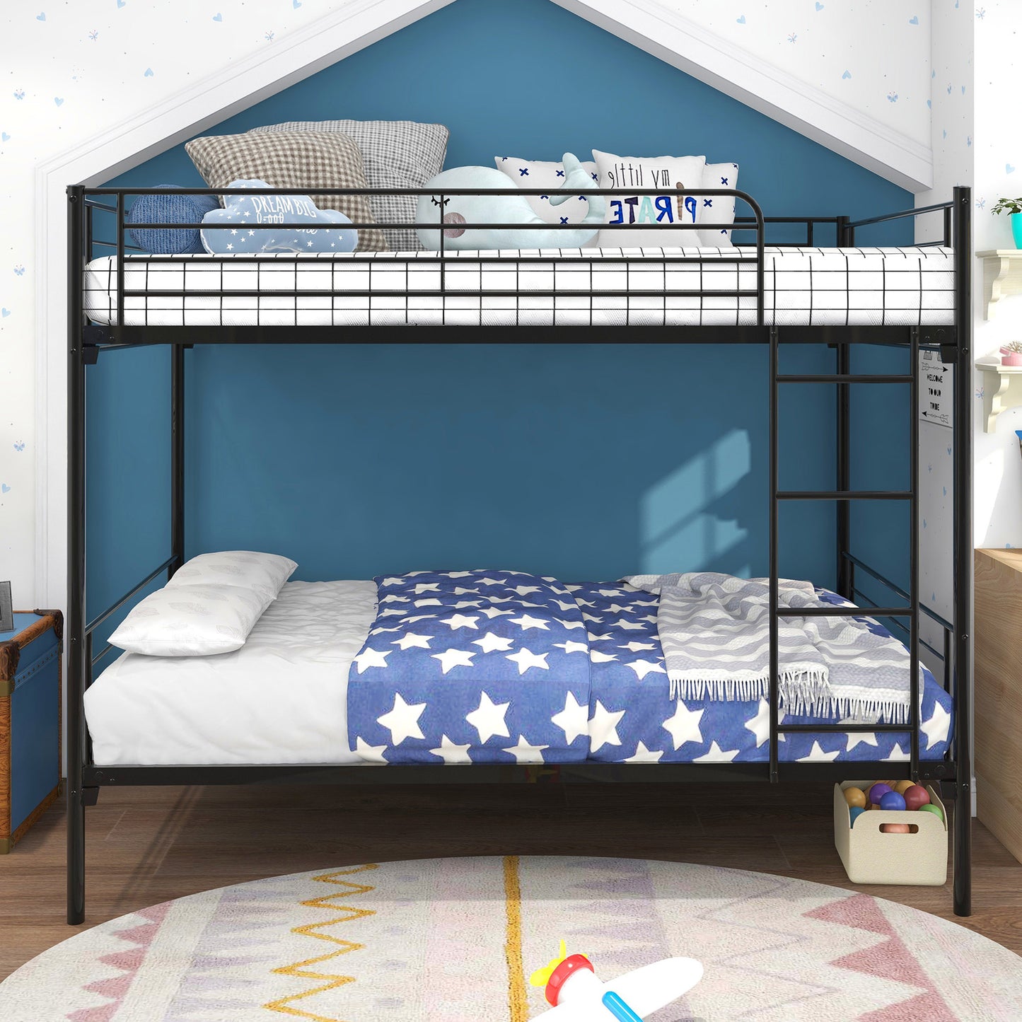 SYNGAR Twin Over Twin Steel Bunk Beds Frame with Ladder for Bedroom Dorm, Twin Bunk Beds for Kids Adult Children, Industrial Bunkbed No Box Spring Required, Black