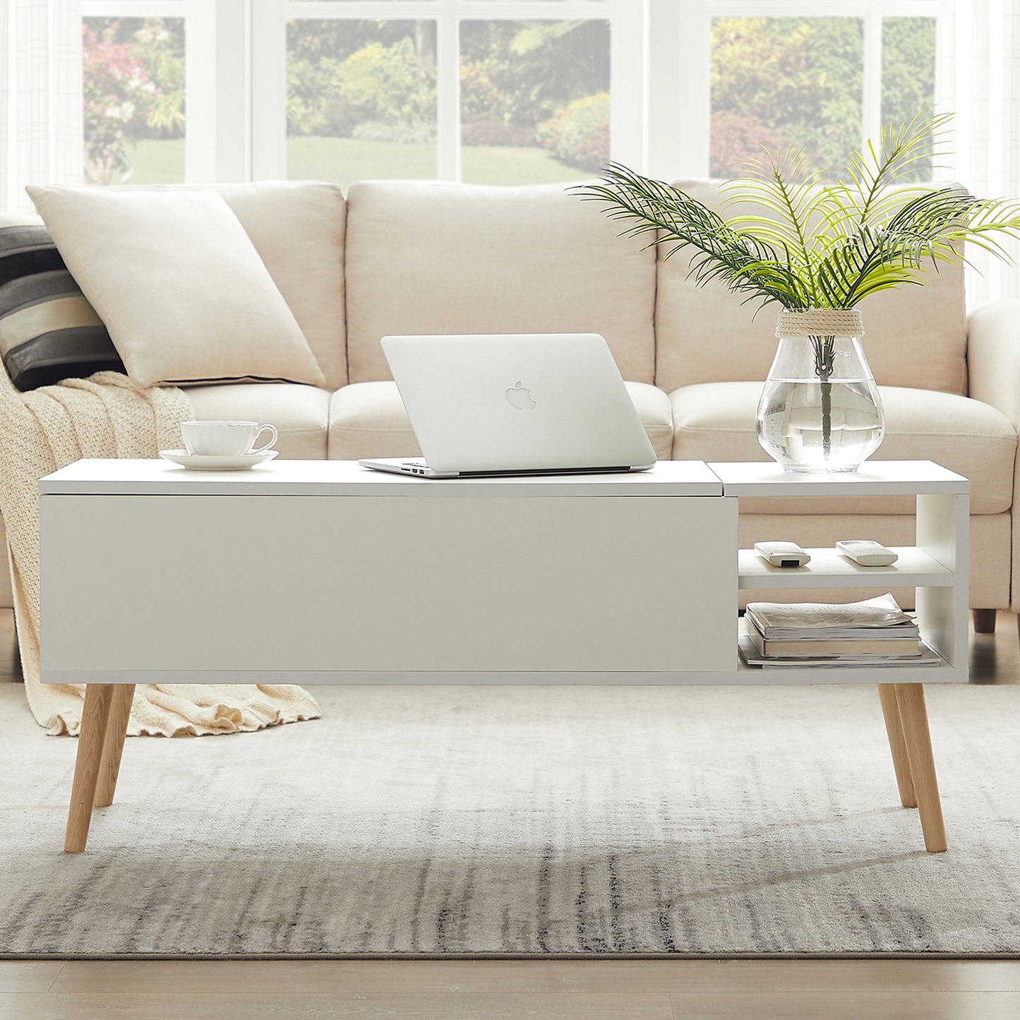 White Lift Top Coffee Tables for Living Room, Modern Coffee Table with Hidden Storage Compartment & Open Shelves, Dining Center Table Computer Desk Table for Office Reception Room