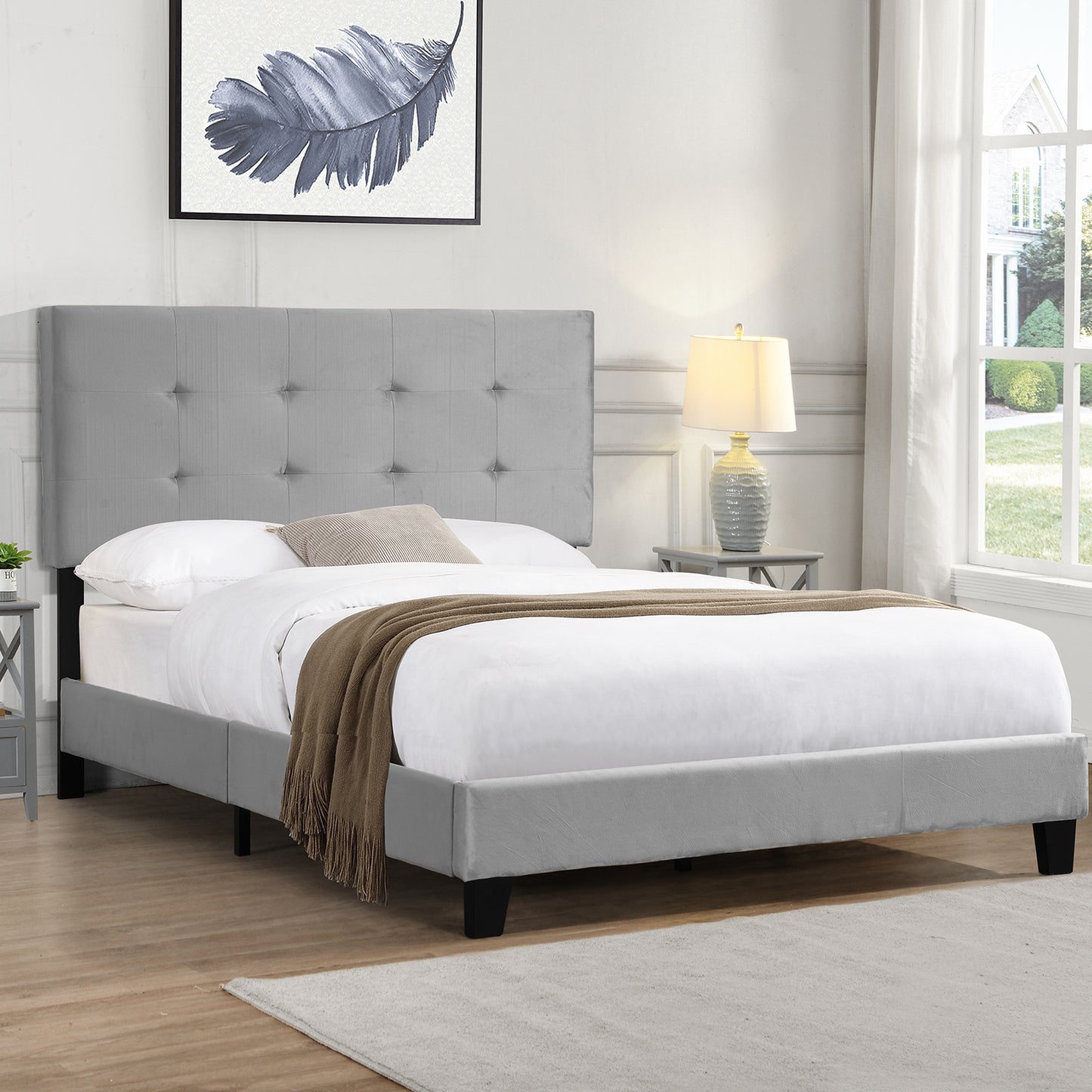 SYNGAR Gray Velvet Upholstered Platform Bed Frame Full Size with Elegant Headboard, Wood Frame Bedroom Furniture with Strong Slat Support, No Box Spring Needed, Noise Free, Easy Assembly