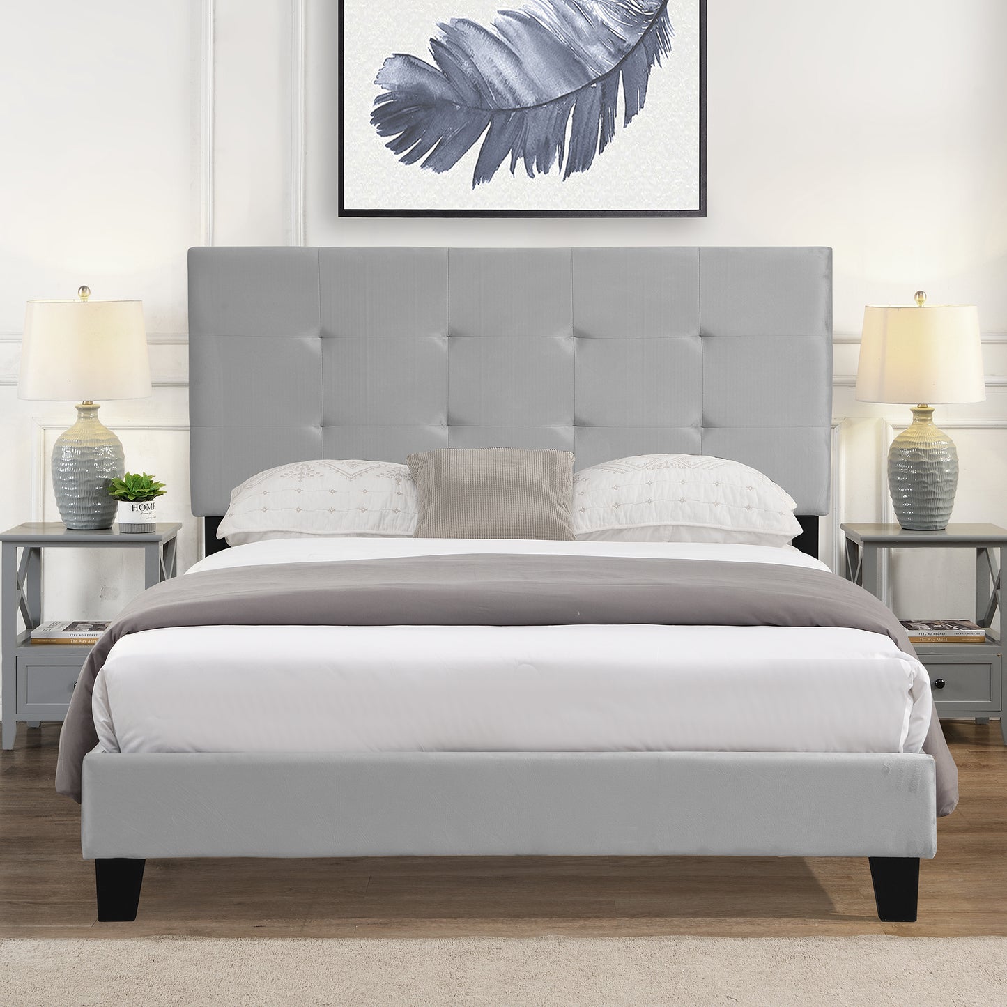 SYNGAR Gray Velvet Upholstered Platform Bed Frame Full Size with Elegant Headboard, Wood Frame Bedroom Furniture with Strong Slat Support, No Box Spring Needed, Noise Free, Easy Assembly