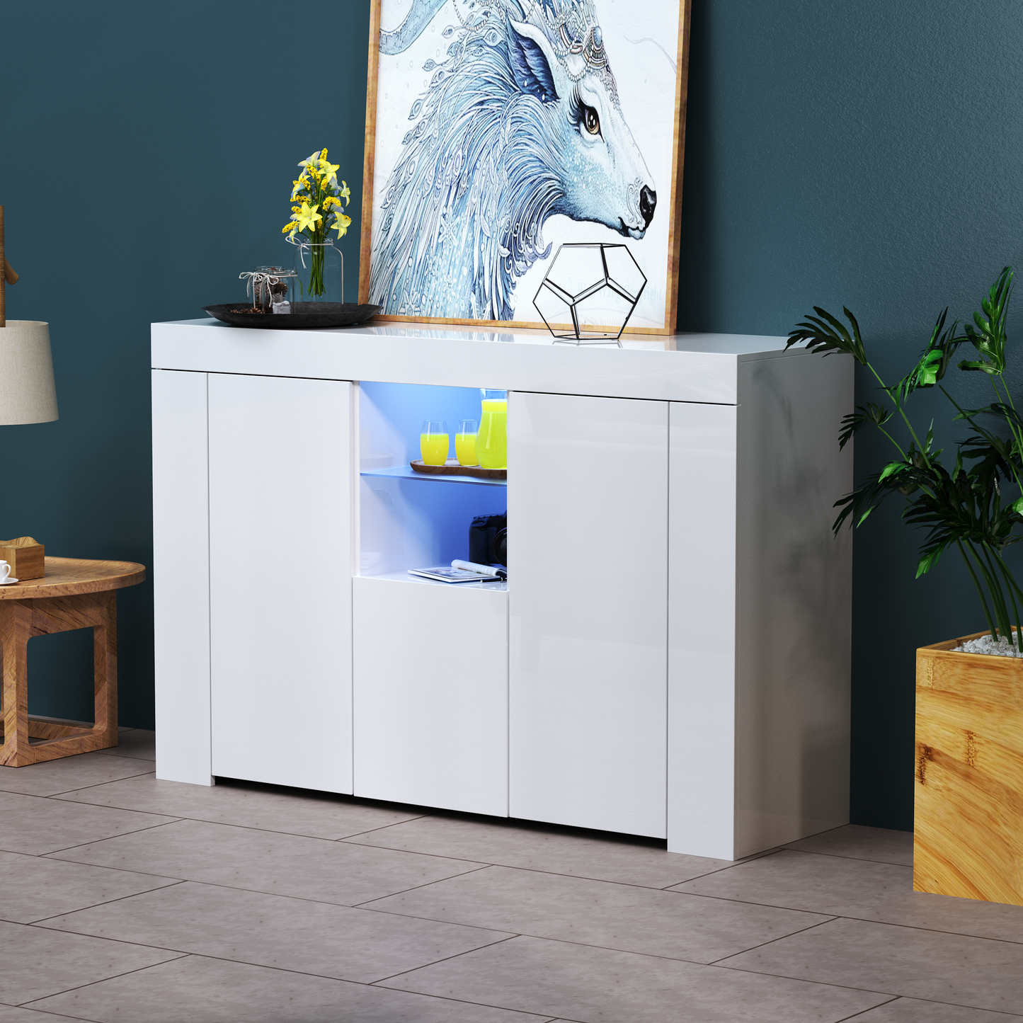 White Buffet Table, Modern Storage Cabinet, High Gloss Console Table with 16 Colors LED Lights/Drawer, Credenzas & Sideboards for Living Room/Dining Room/Kitchen/Entryway, Console Table