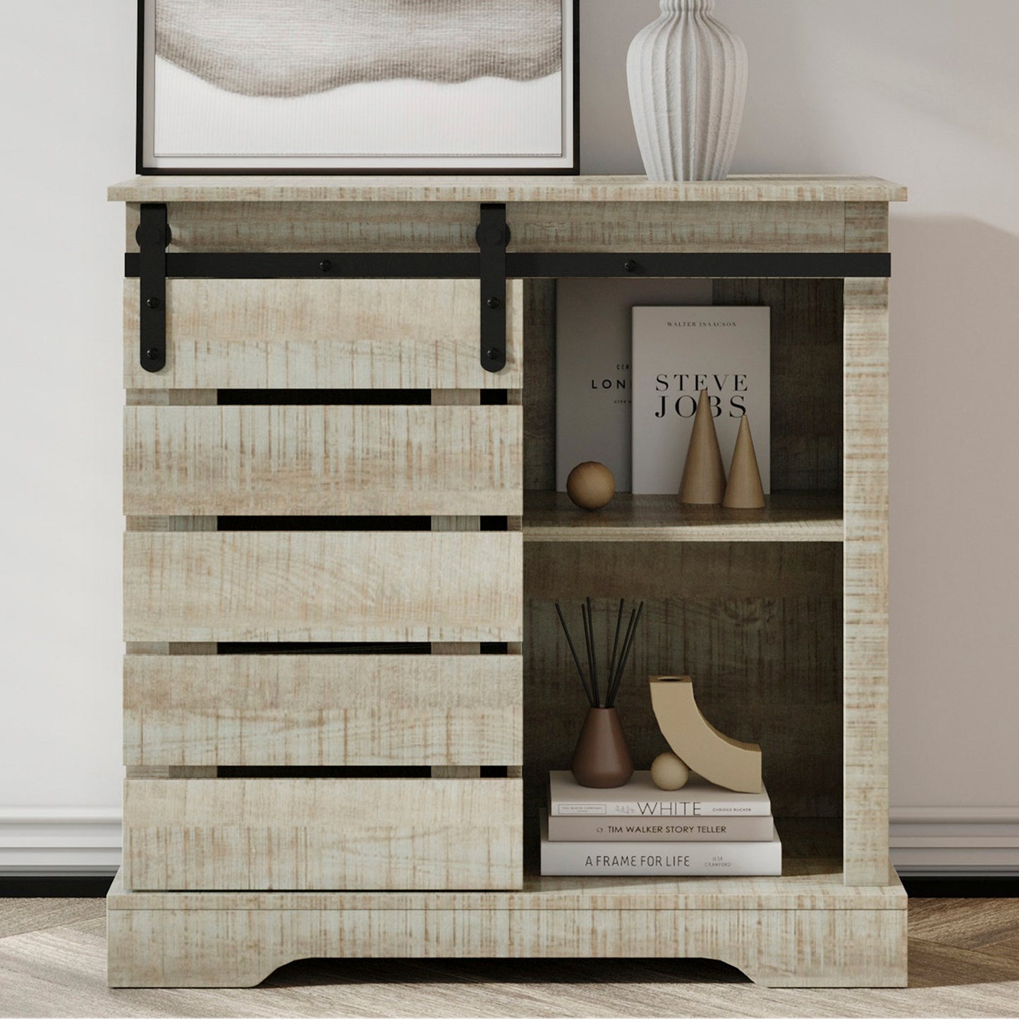 Entryway Table, Coffee Bar Cabinet, Rectangular Buffet Sideboard Desk with Sliding Barn Door and Interior Shelves, Farmhouse Style Console Table, Living Room TV Stand, Kitchen Sideboard, Gray