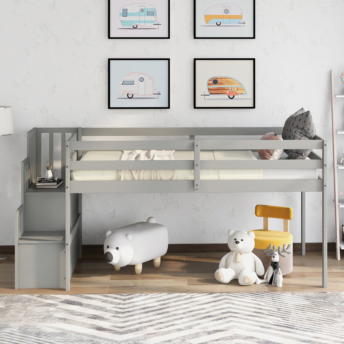 SYNGAR Twin Size Kids Loft Bed with Stairs, Wood Toddler Bunk Bed for Boys Girls Teens Adults, Twin Bed Frame with Storage, Low Profile Loft Bed for Kids Bedroom, Gray