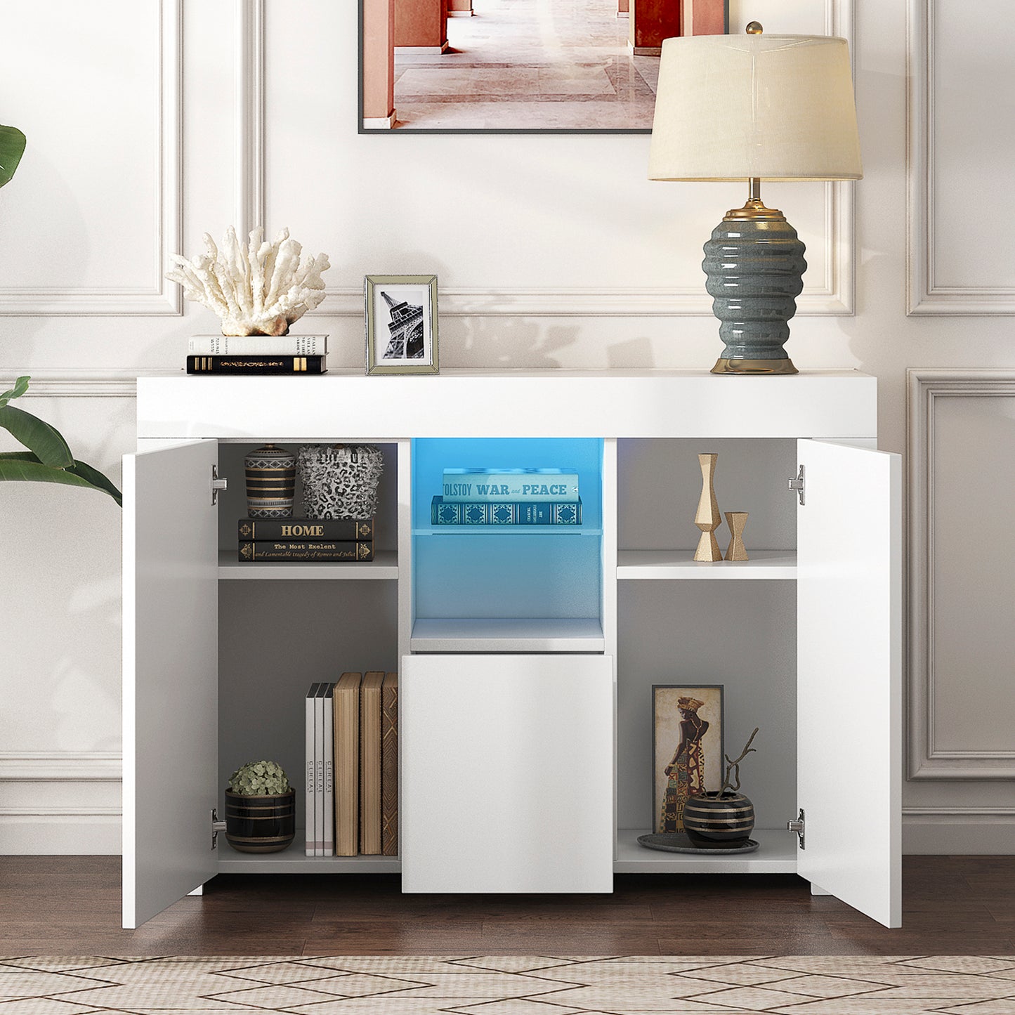 White Buffet Table, Modern Storage Cabinet, High Gloss Console Table with 16 Colors LED Lights/Drawer, Credenzas & Sideboards for Living Room/Dining Room/Kitchen/Entryway, Console Table