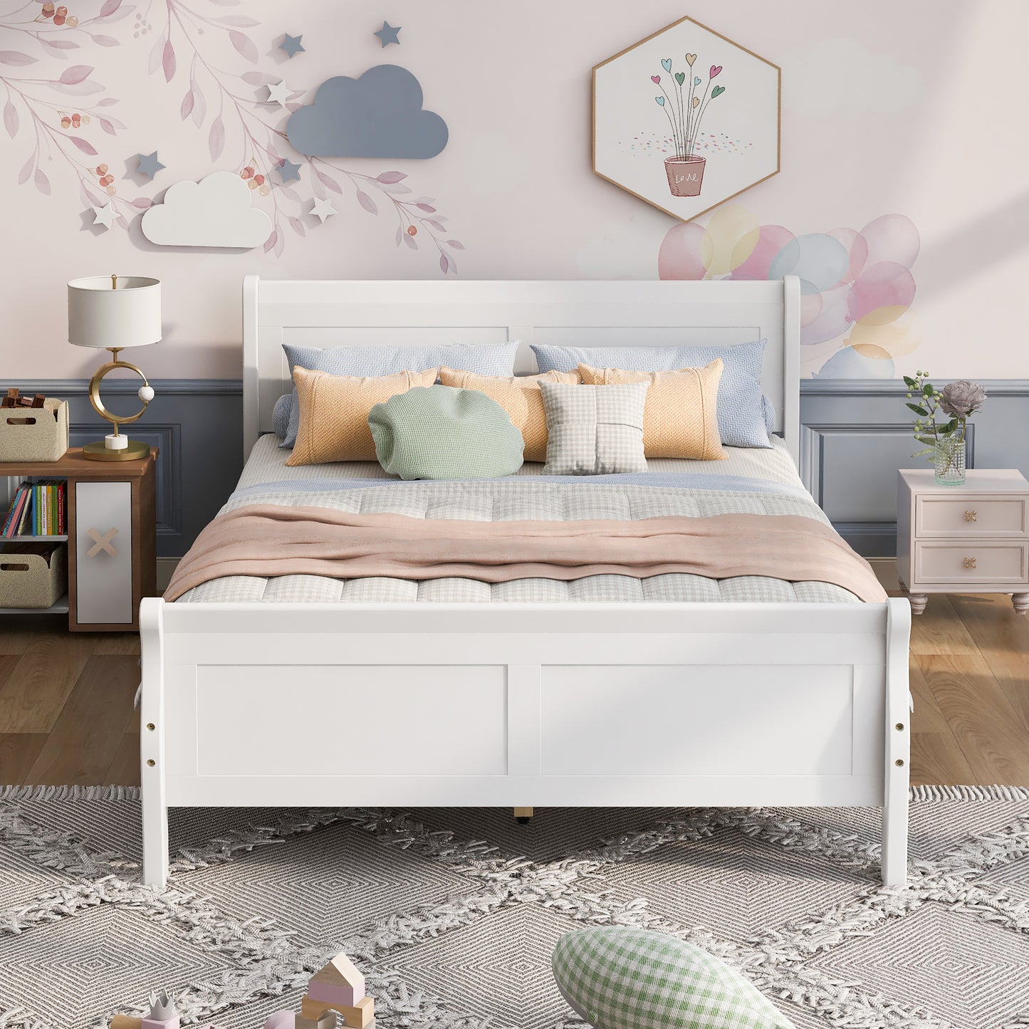 SYNGAR White Solid Wood Queen Bed Frame with Headboard and Footboard, No Box Spring Needed
