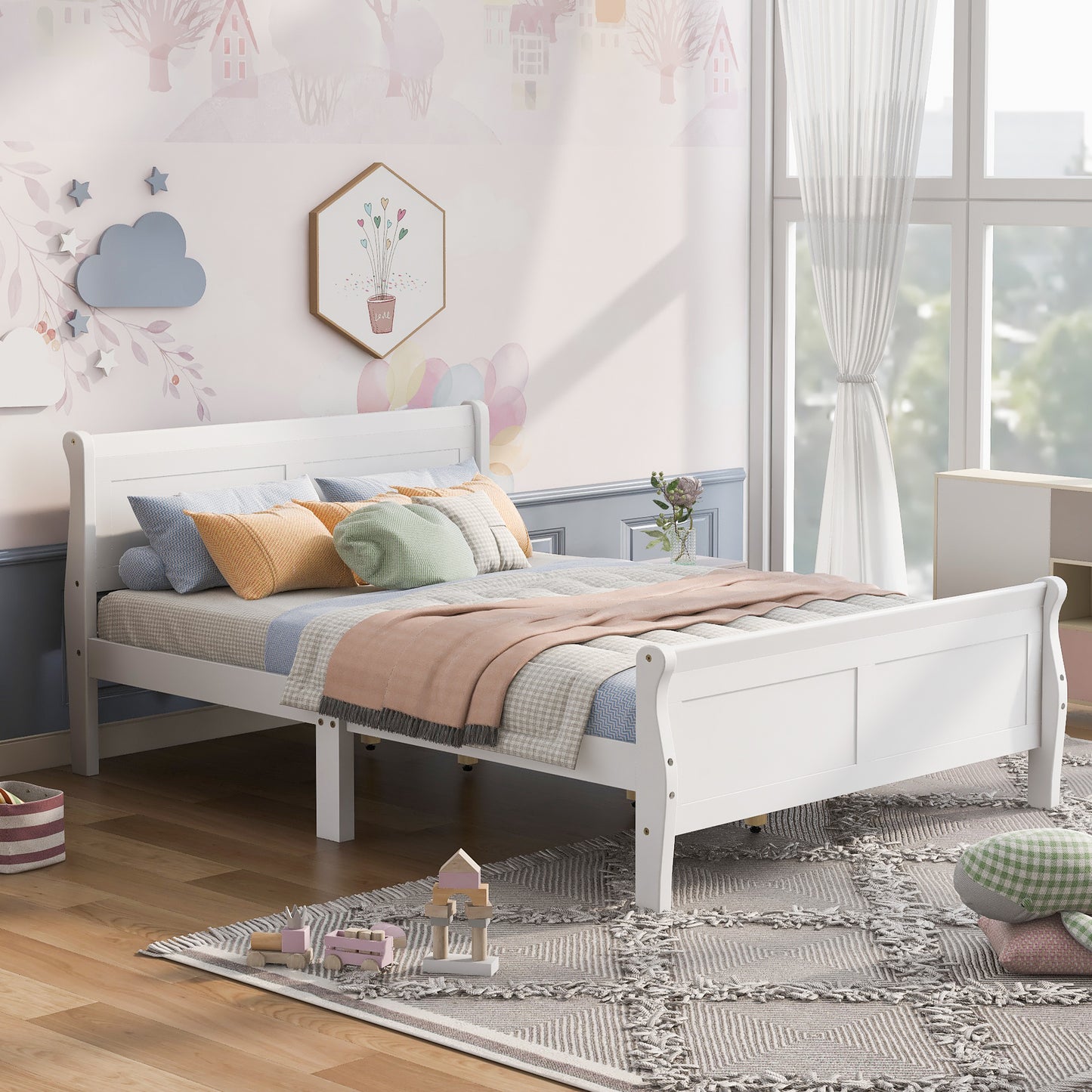 SYNGAR White Solid Wood Queen Bed Frame with Headboard and Footboard, No Box Spring Needed