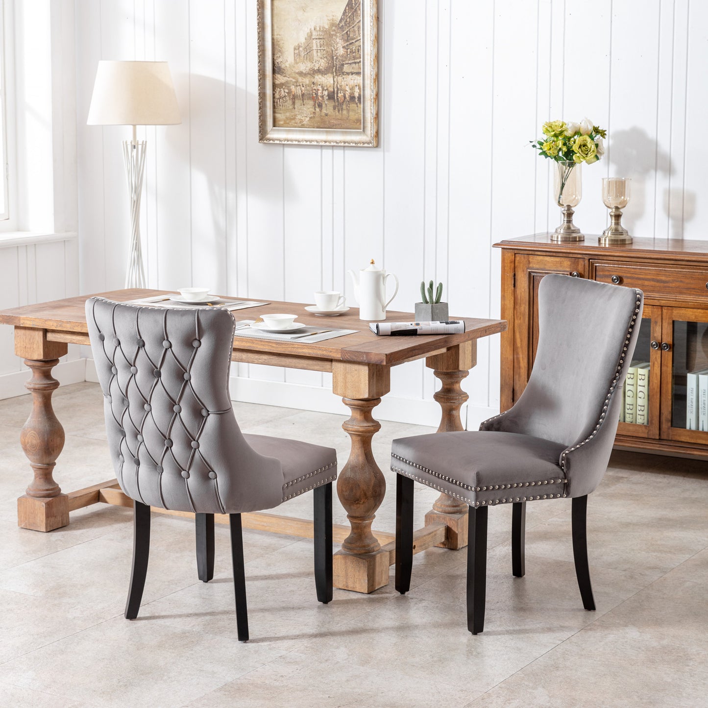 SYNGAR Velvet Dining Chairs Set of 2, Upholstered Wing Back Dining Chair with Handcrafted Button Tufted, Nailhead Trim, Accent Chairs for Dining Room Kitchen, Solid Wood Dining Set, 2 Piece, Blue