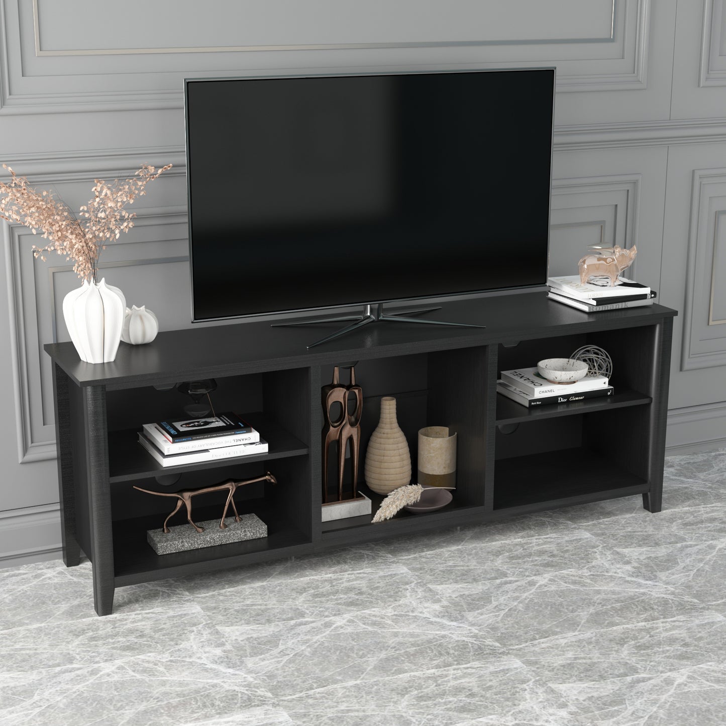 SYNGAR TV Stand for 70 inch TV, Modern Farmhouse TV Console Table Stand with 5 Storage Compartments, Living Room TV Table Stand Entertainment Center, 70"L x 15"W x 25"H, Black