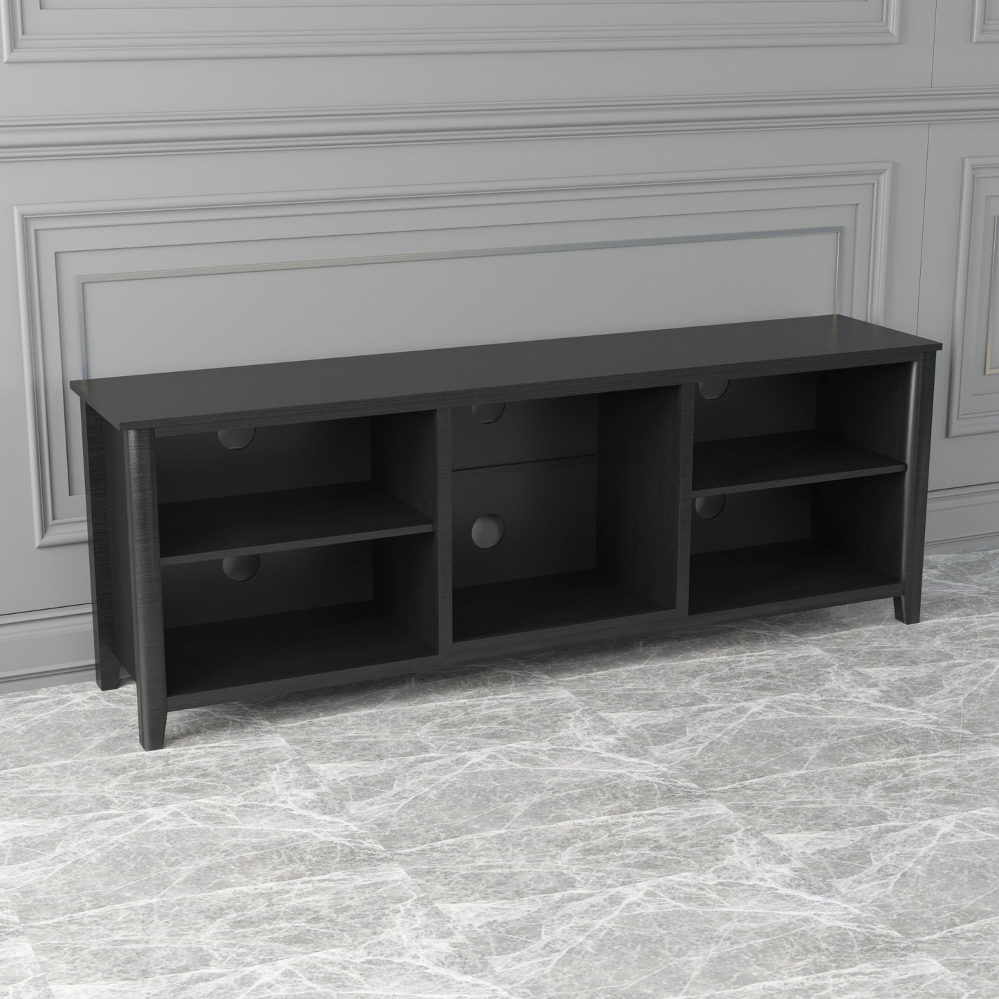 SYNGAR TV Stand for 70 inch TV, Modern Farmhouse TV Console Table Stand with 5 Storage Compartments, Living Room TV Table Stand Entertainment Center, 70"L x 15"W x 25"H, Black