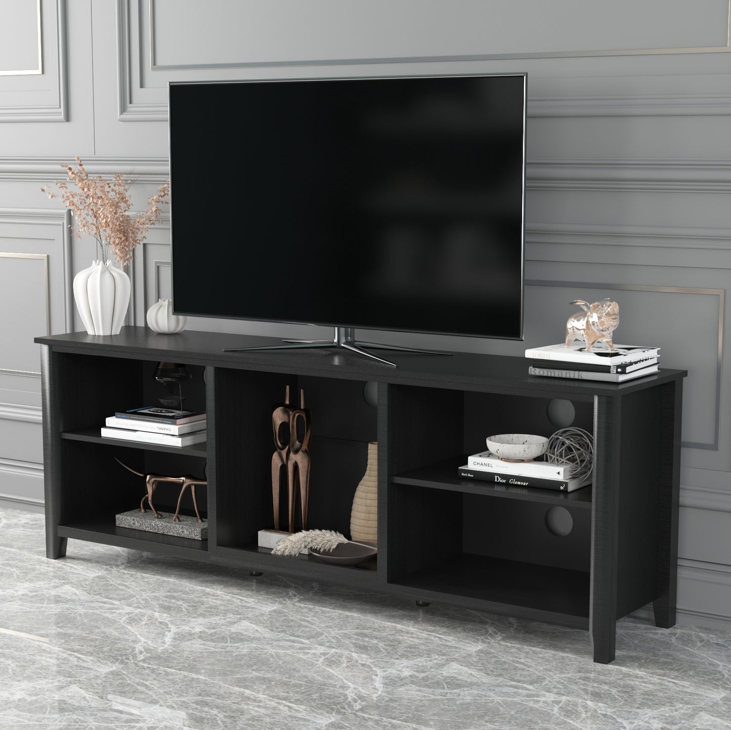 SYNGAR TV Stand for 70 inch TV, Modern Farmhouse TV Console Table Stand with 5 Storage Compartments, Living Room TV Table Stand Entertainment Center, 70"L x 15"W x 25"H, Black