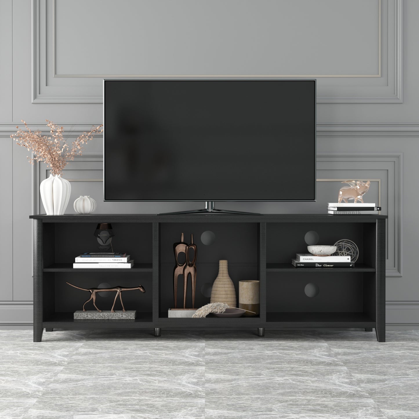 SYNGAR TV Stand for 70 inch TV, Modern Farmhouse TV Console Table Stand with 5 Storage Compartments, Living Room TV Table Stand Entertainment Center, 70"L x 15"W x 25"H, Black